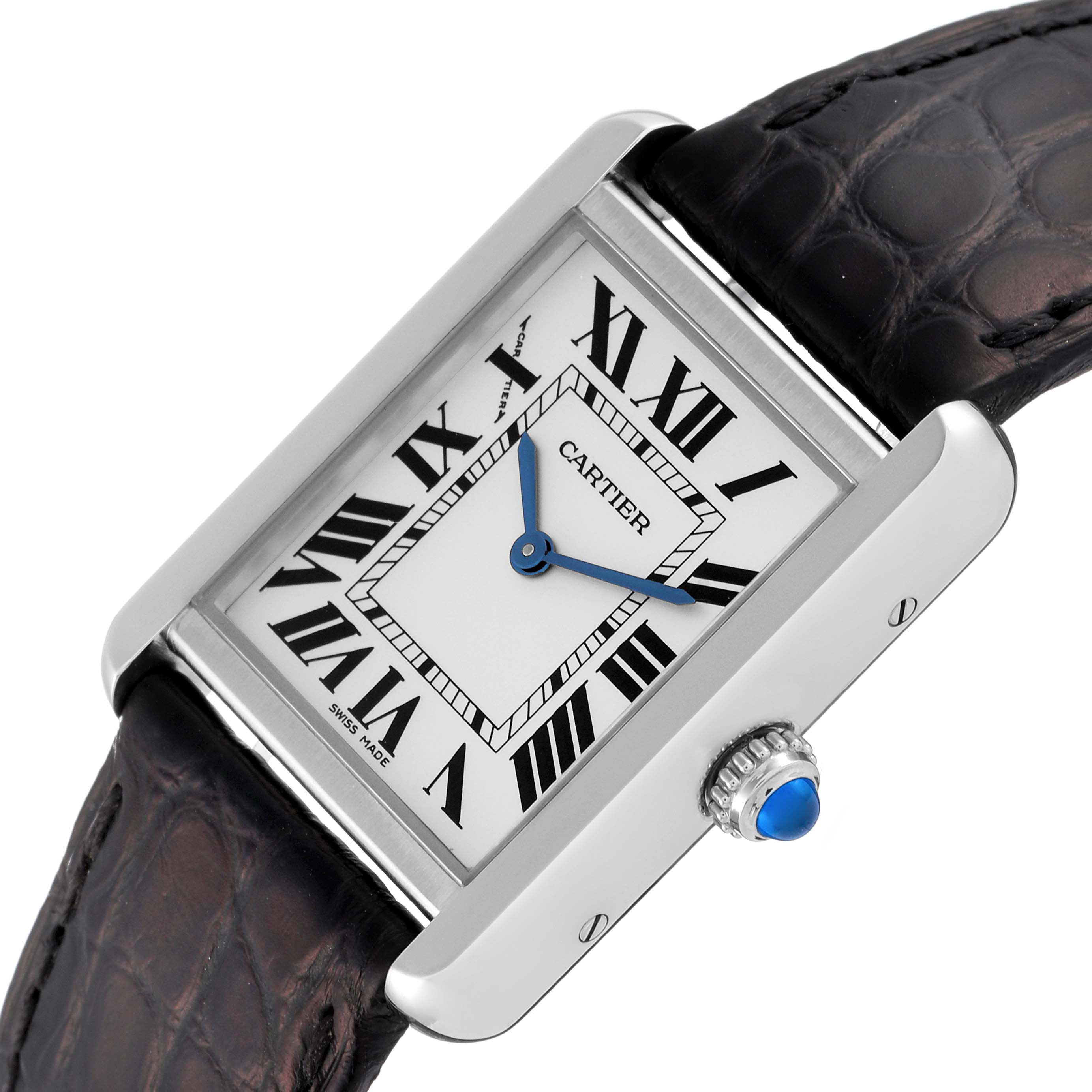 The image shows a close-up side angle of the Cartier Tank Solo W5200005 Women
s Stainless Steel Silver Dial W5200005 Women
s Stainless Steel Silver Dial watch, highlighting the face, strap, and crown.