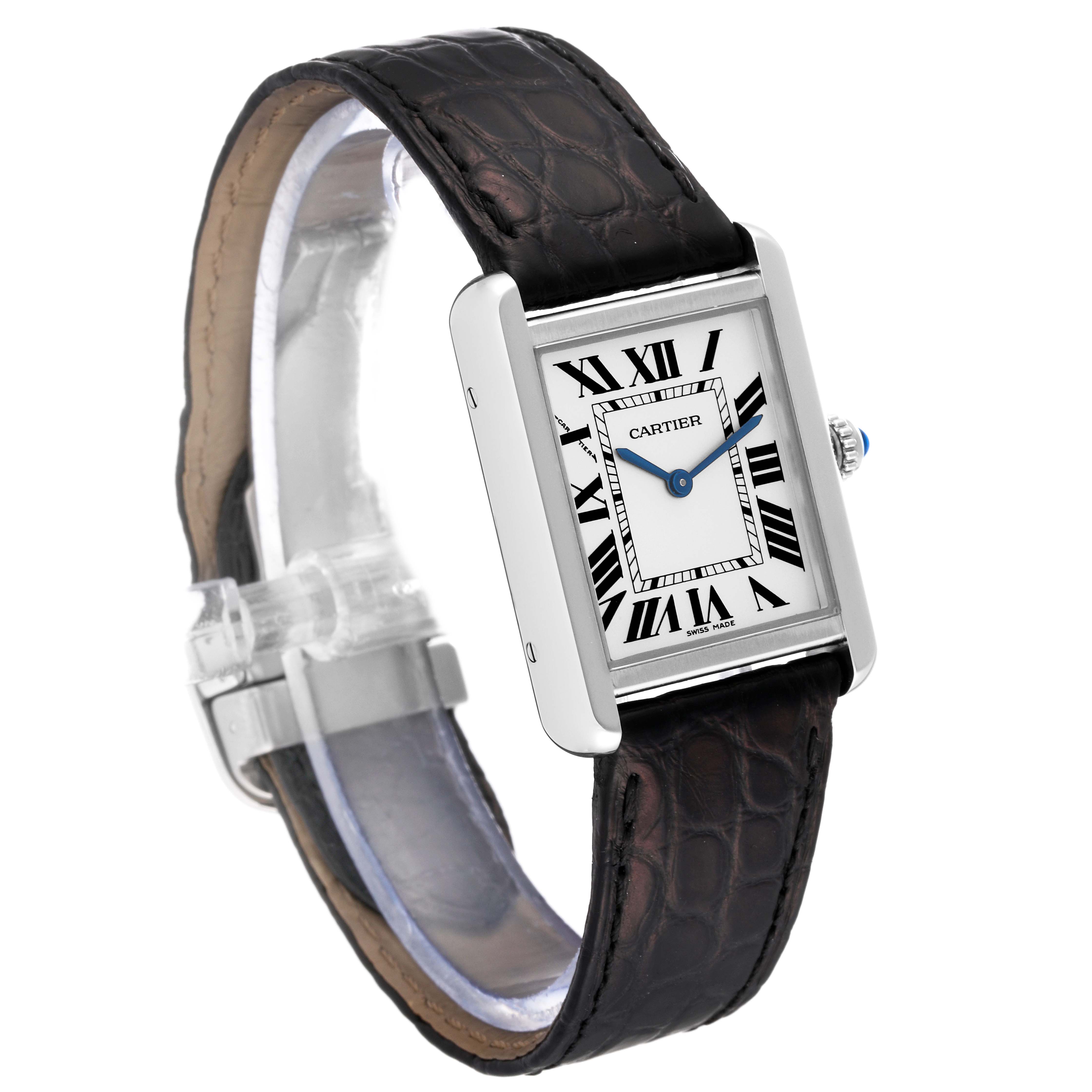 The image shows a three-quarter view of the Cartier Tank Solo W5200005 Women
s Stainless Steel Silver Dial W5200005 Women
s Stainless Steel Silver Dial watch, highlighting its rectangular face and black leather strap.
