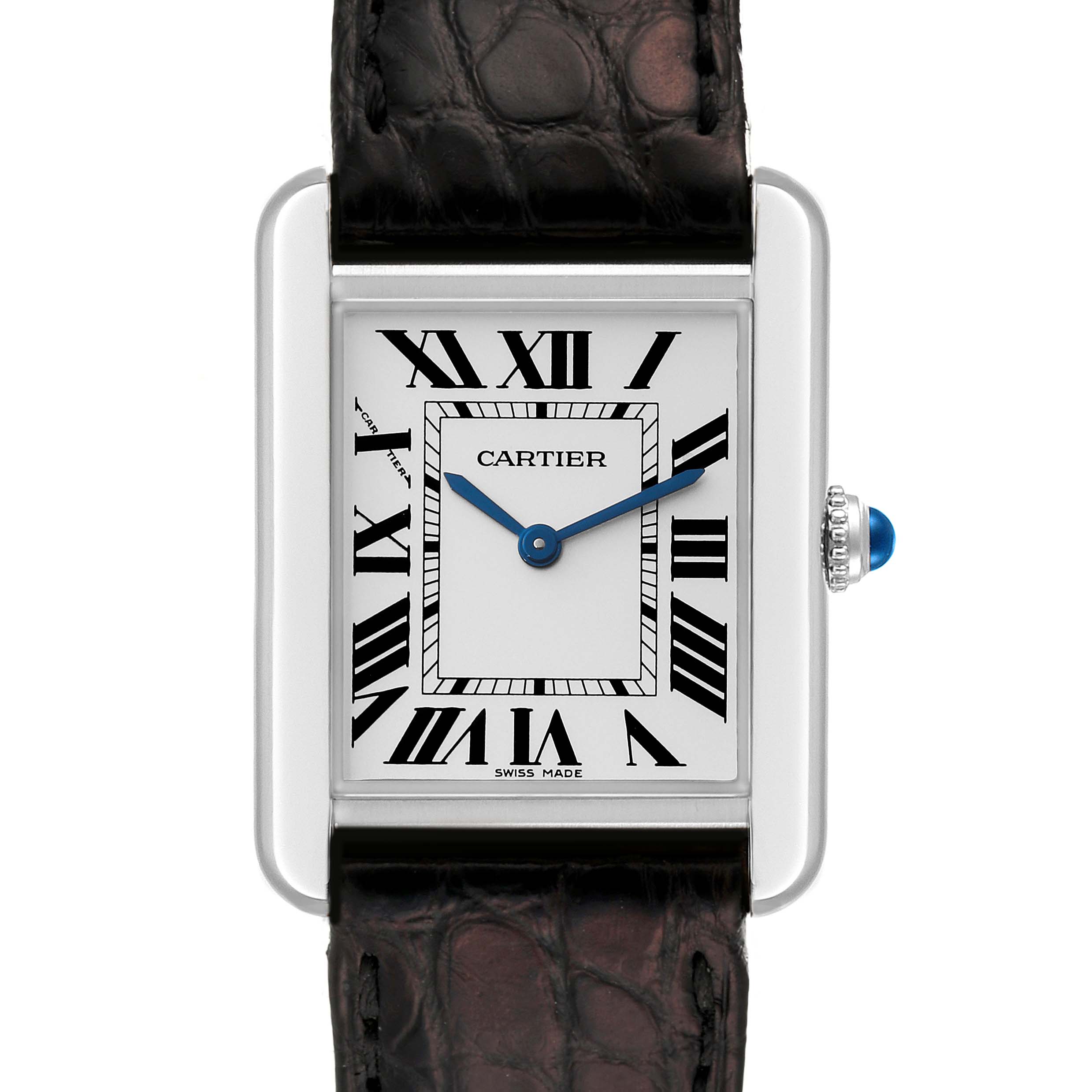 The image shows a front view of the Tank Solo model by Cartier, featuring its rectangular face, Roman numerals, blue hands, and a leather strap.