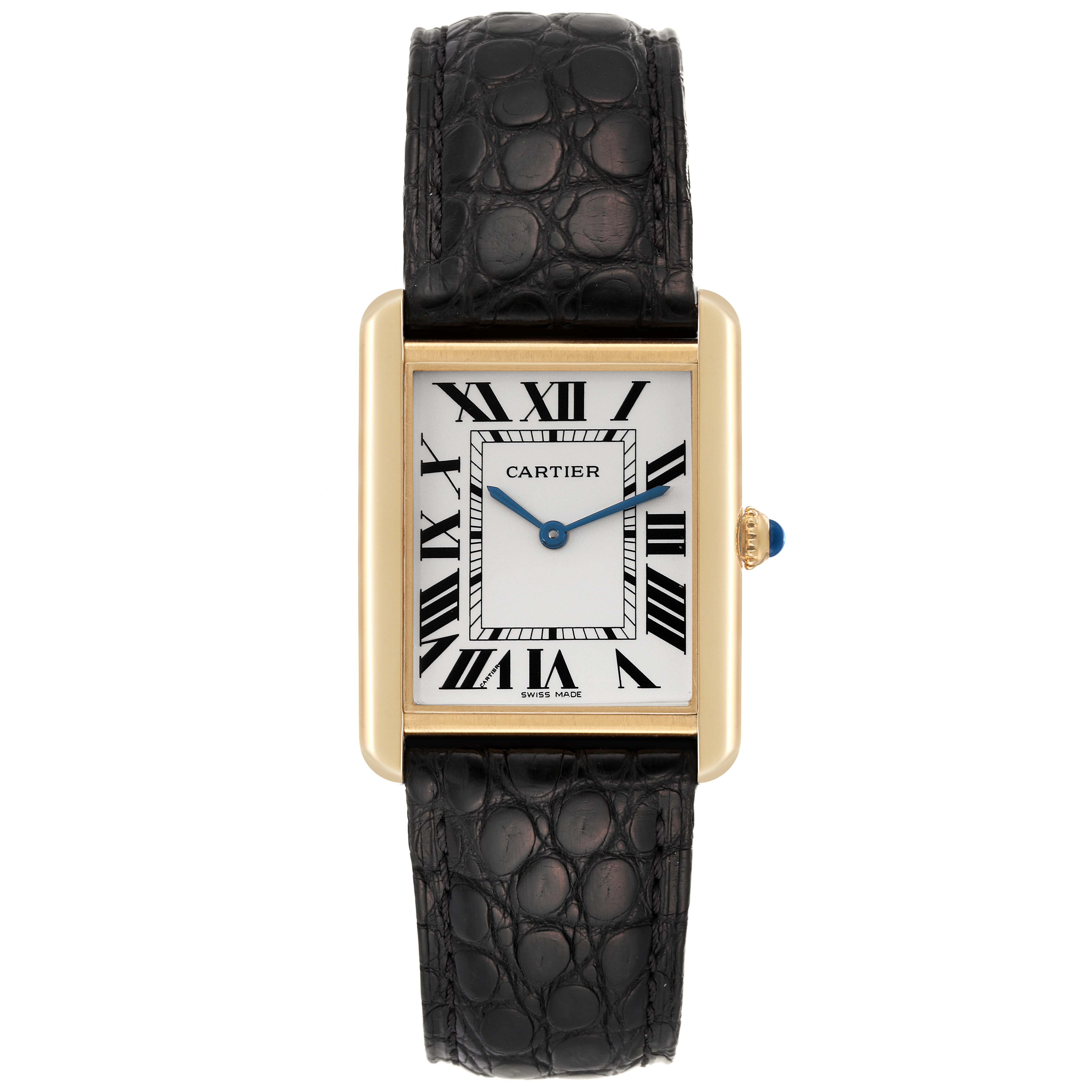 The image shows a front view of the Cartier Tank Solo W1018855 Men
s Steel and Gold (two tone) Silver Dial W1018855 Men
s Steel and Gold (two tone) Silver Dial watch, featuring a rectangular face, Roman numerals, and a black leather strap.