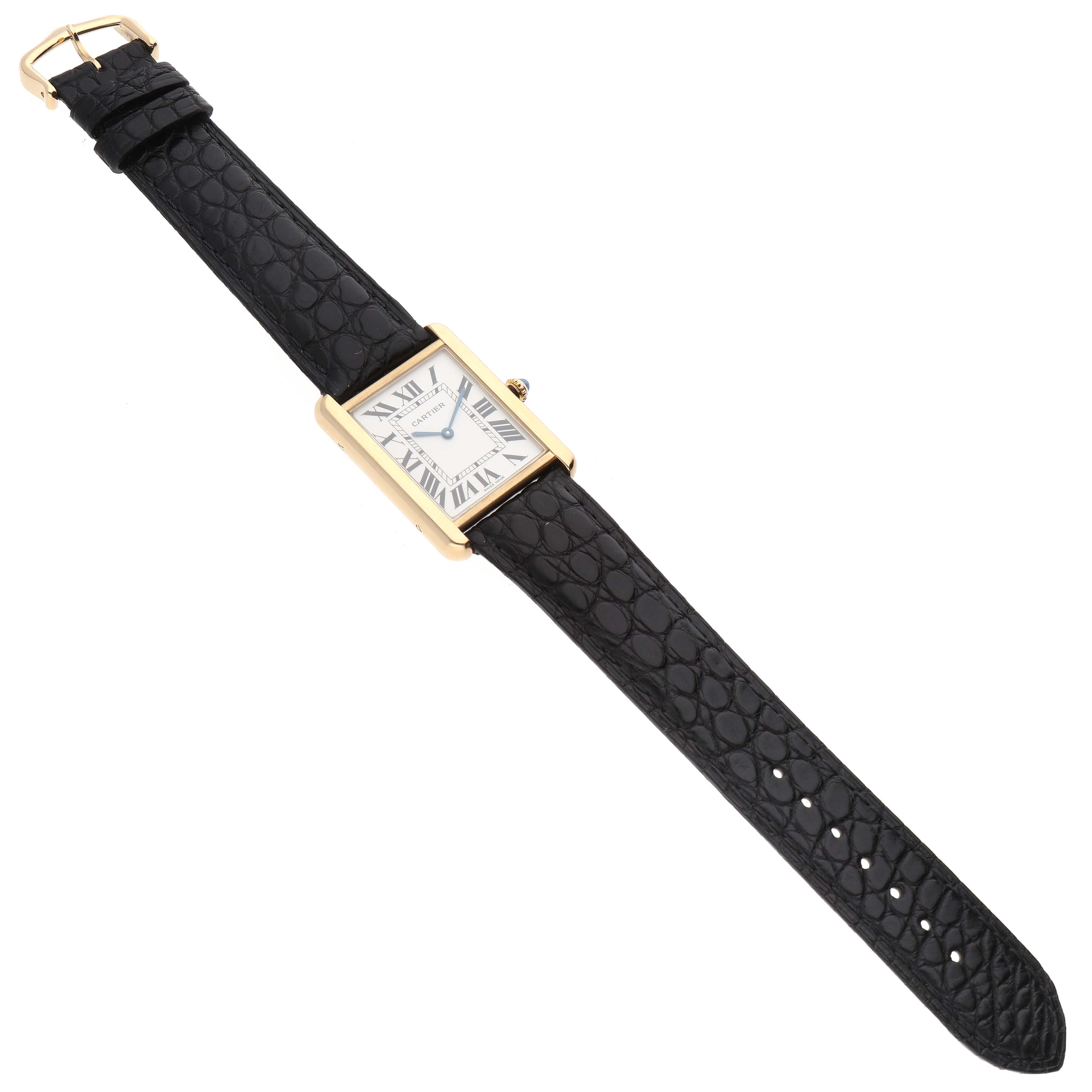 The Cartier Tank Solo W1018855 Men
s Steel and Gold (two tone) Silver Dial W1018855 Men
s Steel and Gold (two tone) Silver Dial watch is shown from a top-down angle, displaying the face, case, and black leather strap with a buckle.