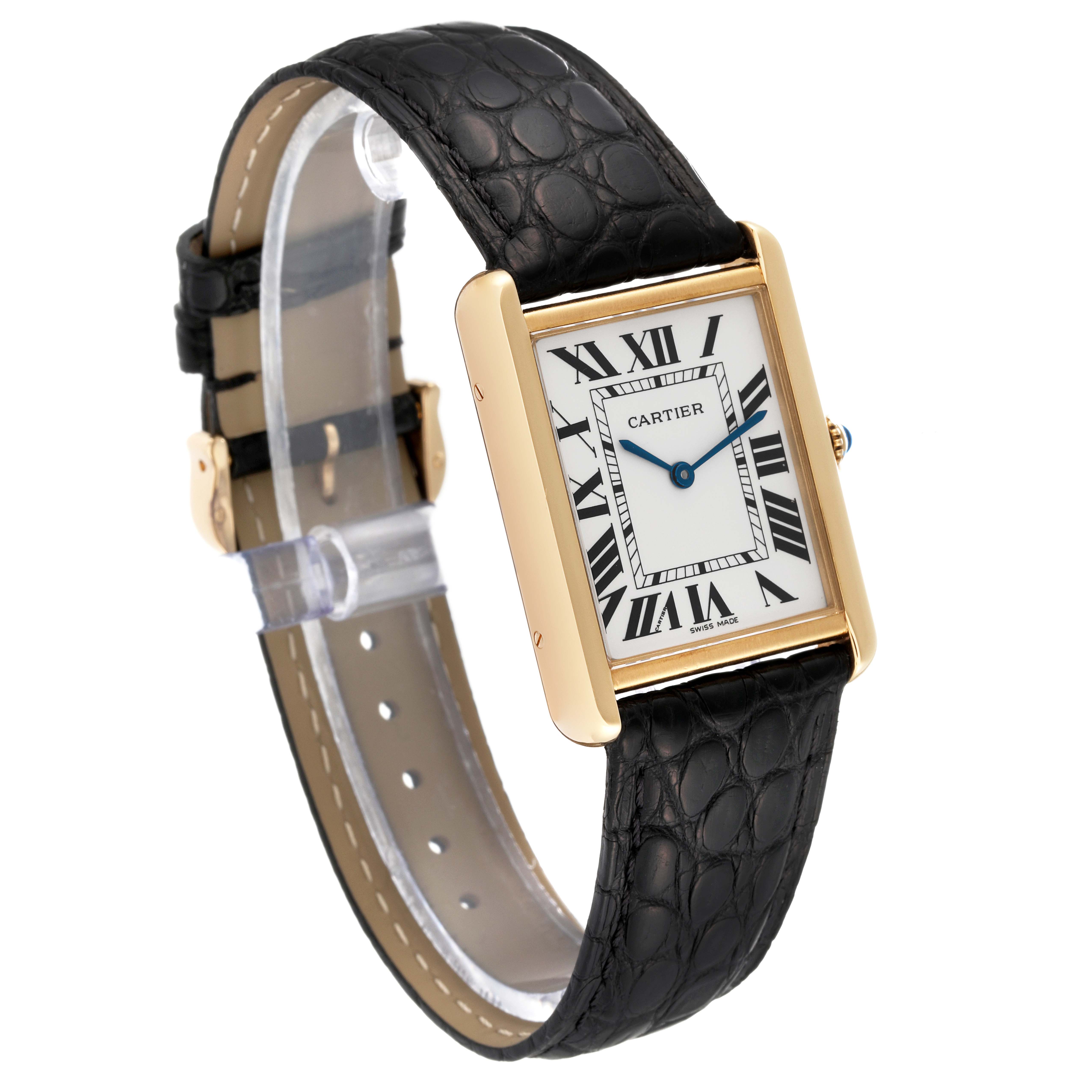 This image shows a Cartier Tank Solo W1018855 Men
s Steel and Gold (two tone) Silver Dial W1018855 Men
s Steel and Gold (two tone) Silver Dial watch from a front angle, highlighting the face, bezel, and black leather strap.