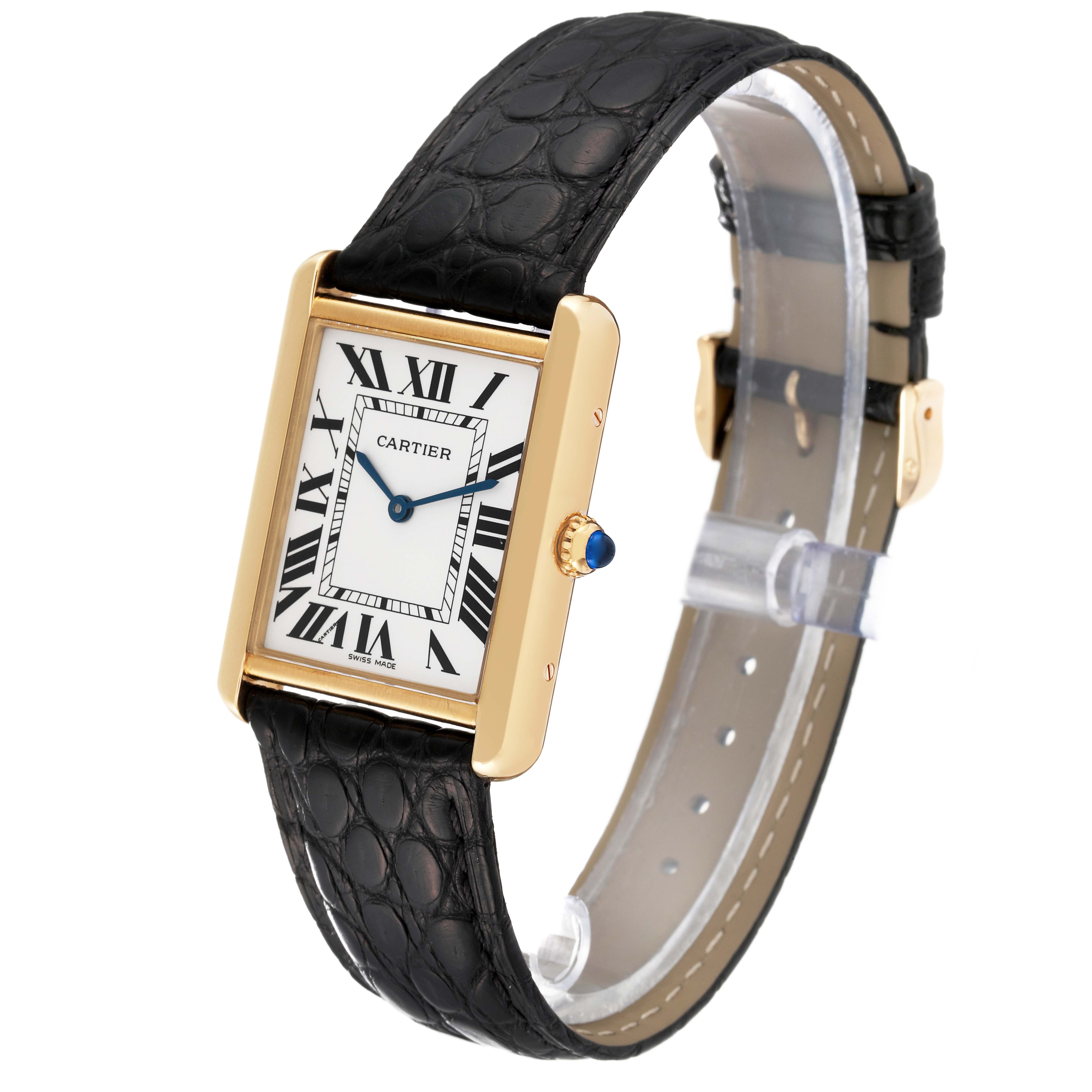 The Cartier Tank Solo W1018855 Men
s Steel and Gold (two tone) Silver Dial W1018855 Men
s Steel and Gold (two tone) Silver Dial watch is shown at an angled front view, displaying its rectangular face, black leather strap, and gold casing.