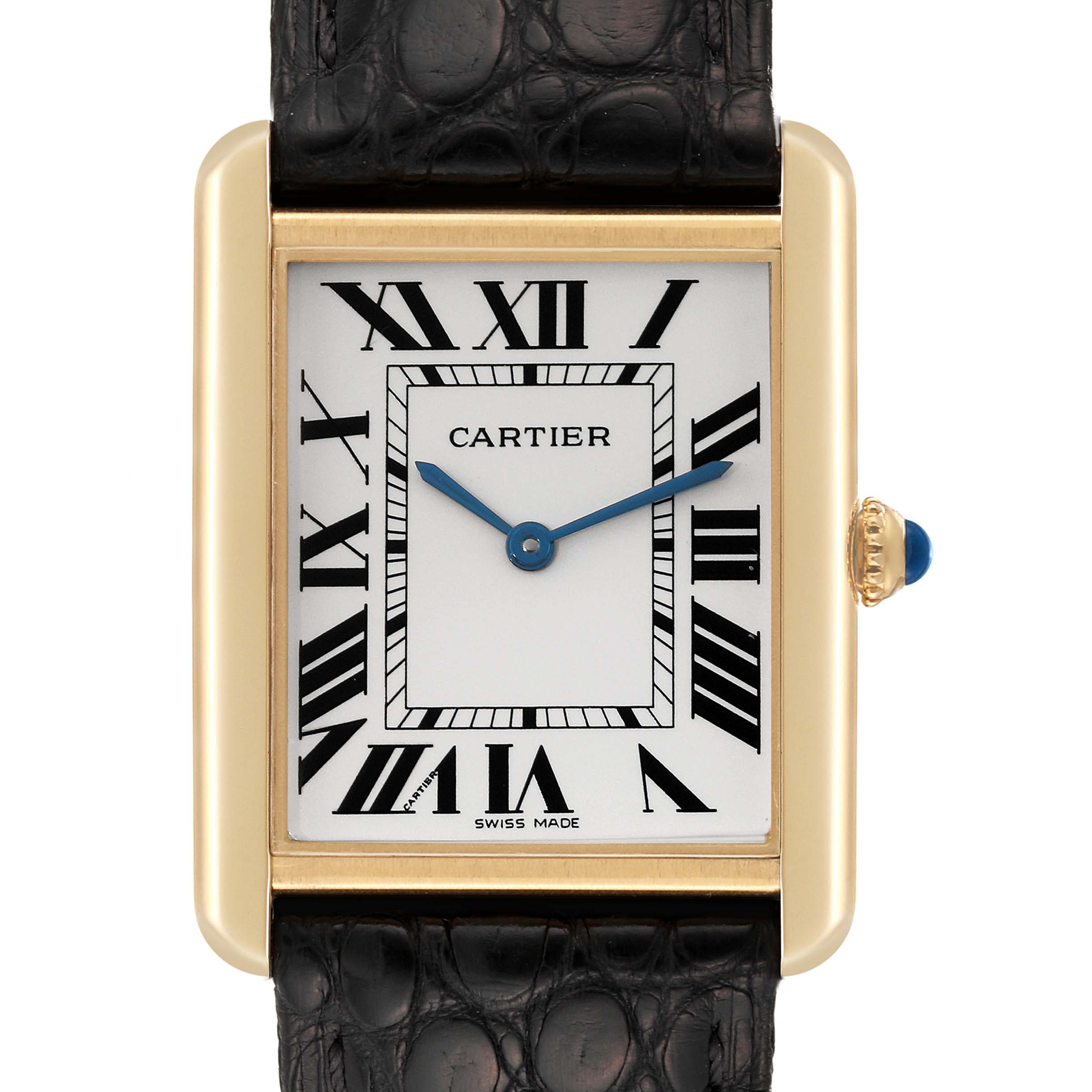 The image shows a front view of the Cartier Tank Solo W1018855 Men
s Steel and Gold (two tone) Silver Dial W1018855 Men
s Steel and Gold (two tone) Silver Dial watch, highlighting the face, strap, and crown.