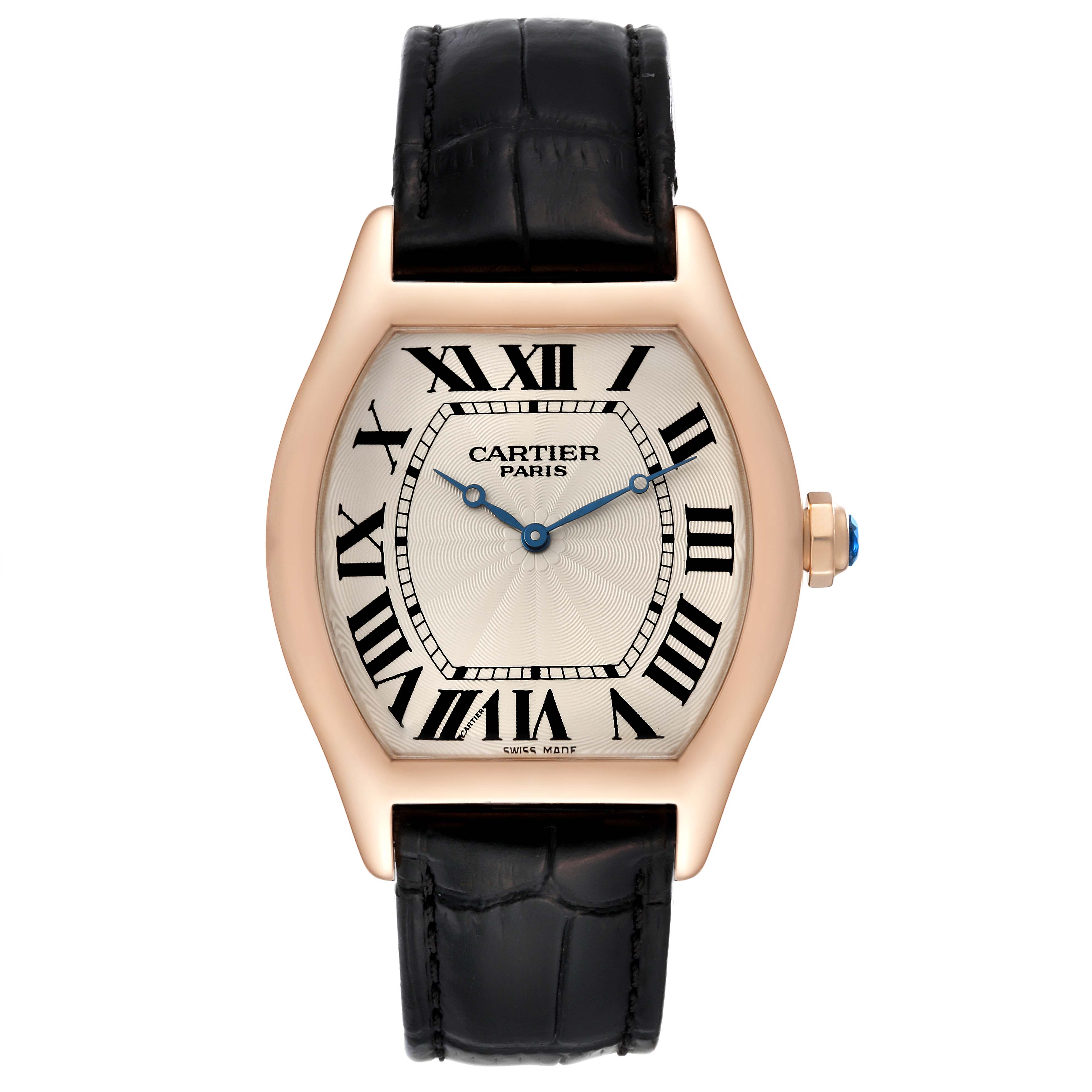The image shows a front view of the Cartier Tortue W1546051 Men's Rose Gold Silver Dial W1546051 Men's Rose Gold Silver Dial model watch with its black leather strap and gold case.