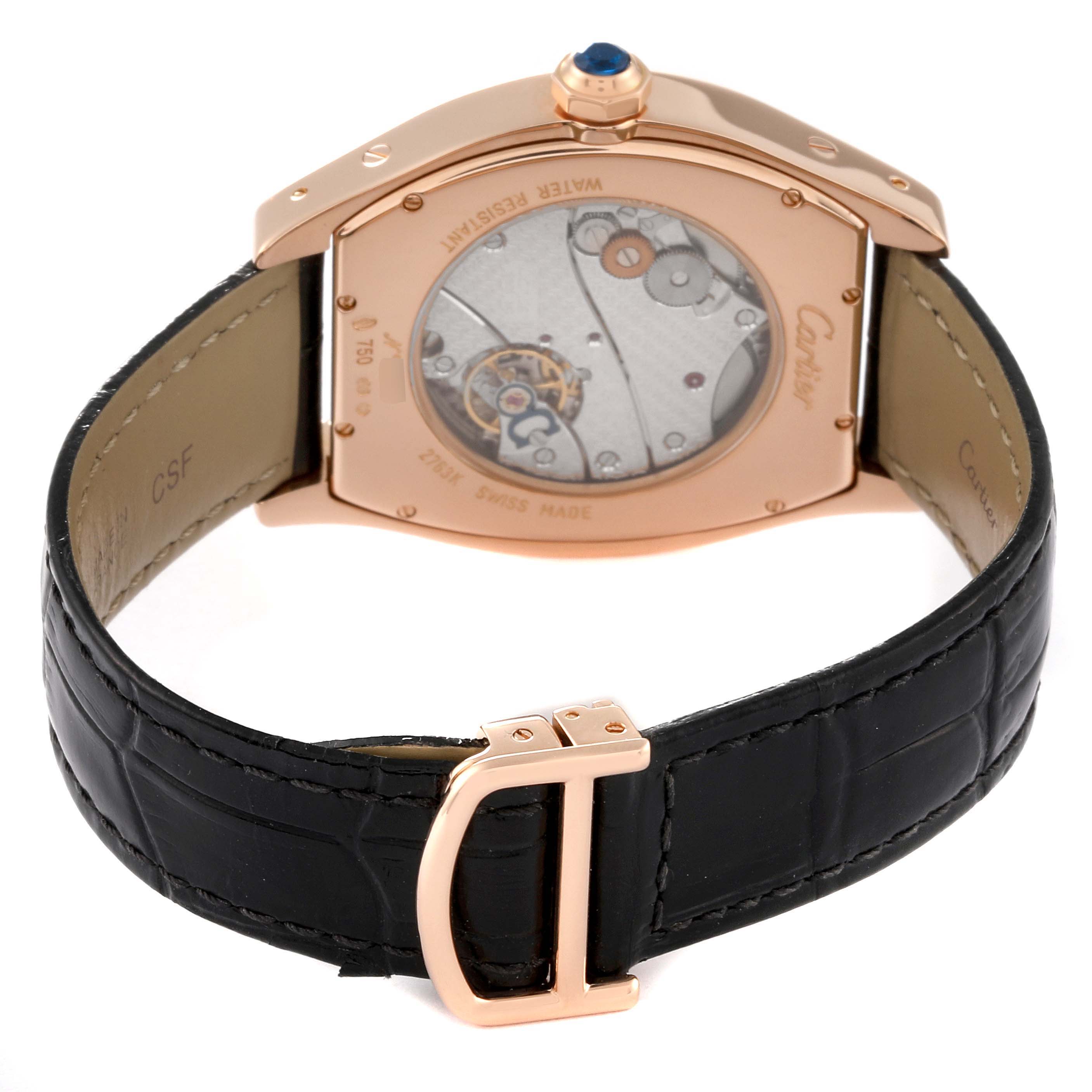 The image shows the back view of a Cartier Tortue W1546051 Men's Rose Gold Silver Dial W1546051 Men's Rose Gold Silver Dial watch, highlighting the movement and black leather strap.