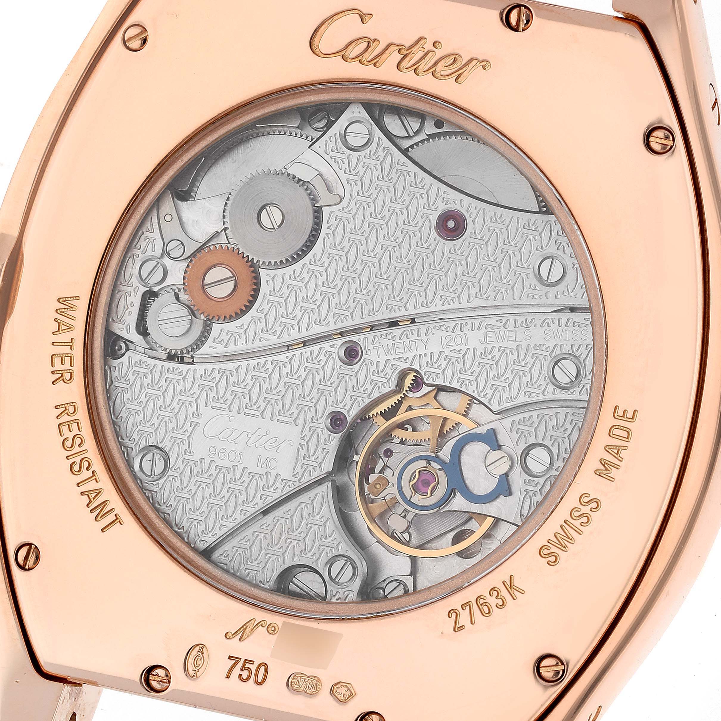 The image shows the back view of a Cartier Tortue W1546051 Men's Rose Gold Silver Dial W1546051 Men's Rose Gold Silver Dial watch, highlighting its intricate movement and engravings.