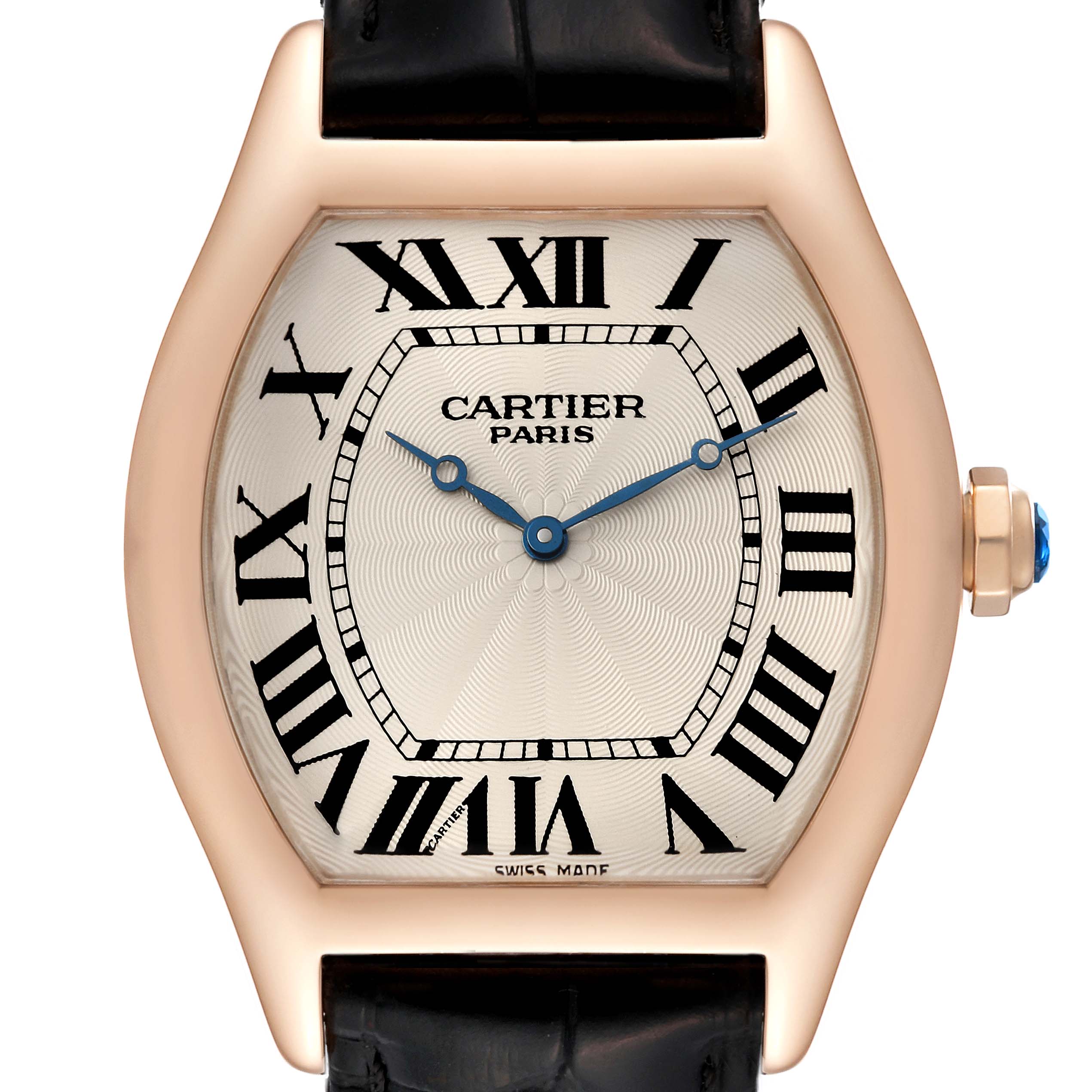 The image shows a front view of a Cartier Tortue W1546051 Men's Rose Gold Silver Dial W1546051 Men's Rose Gold Silver Dial watch, highlighting the dial, Roman numerals, and blue hands.