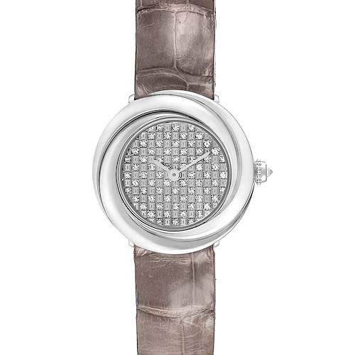 The Cartier Trinity WG201156 Women's White Gold  watch is shown from a top view highlighting its diamond-studded dial, round case, and leather strap.