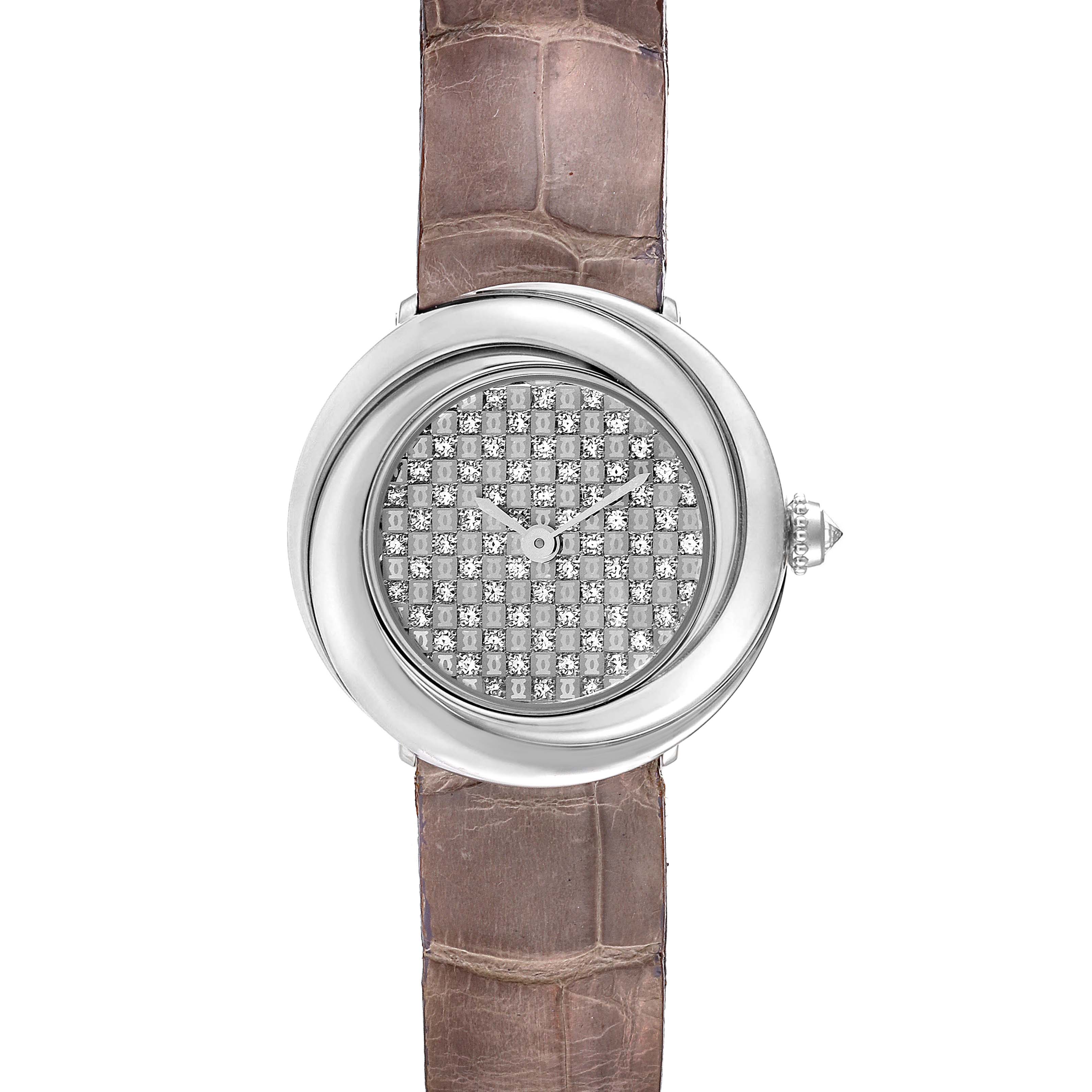 This image shows a front view of the Cartier Trinity WG201156 Women's White Gold  WG201156 Women's White Gold  model watch with a diamond-studded dial and a brown leather strap.