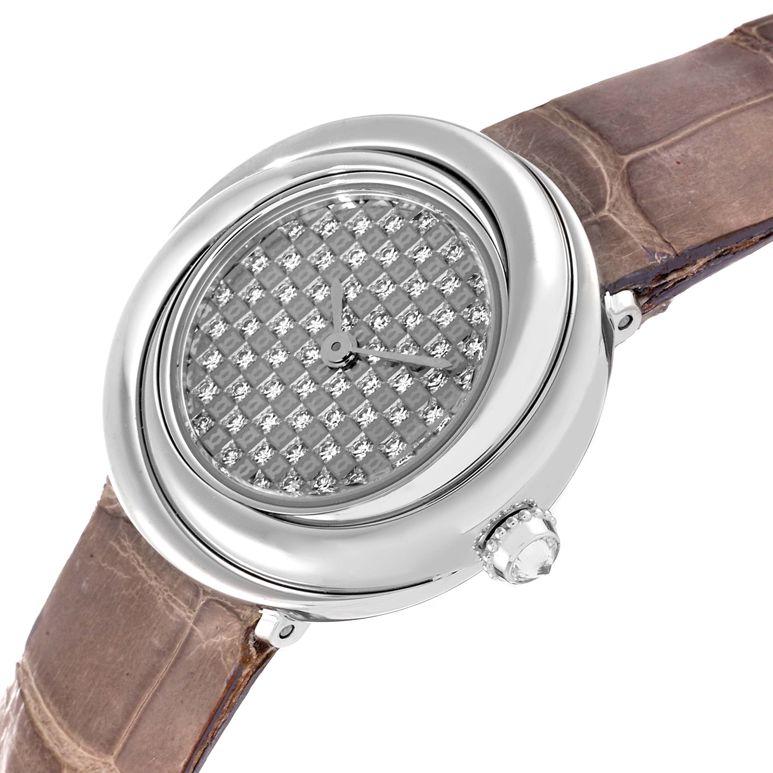 The image shows a close-up side angle of the Cartier Trinity WG201156 Women's White Gold  WG201156 Women's White Gold  watch, highlighting its diamond-studded face and leather strap.