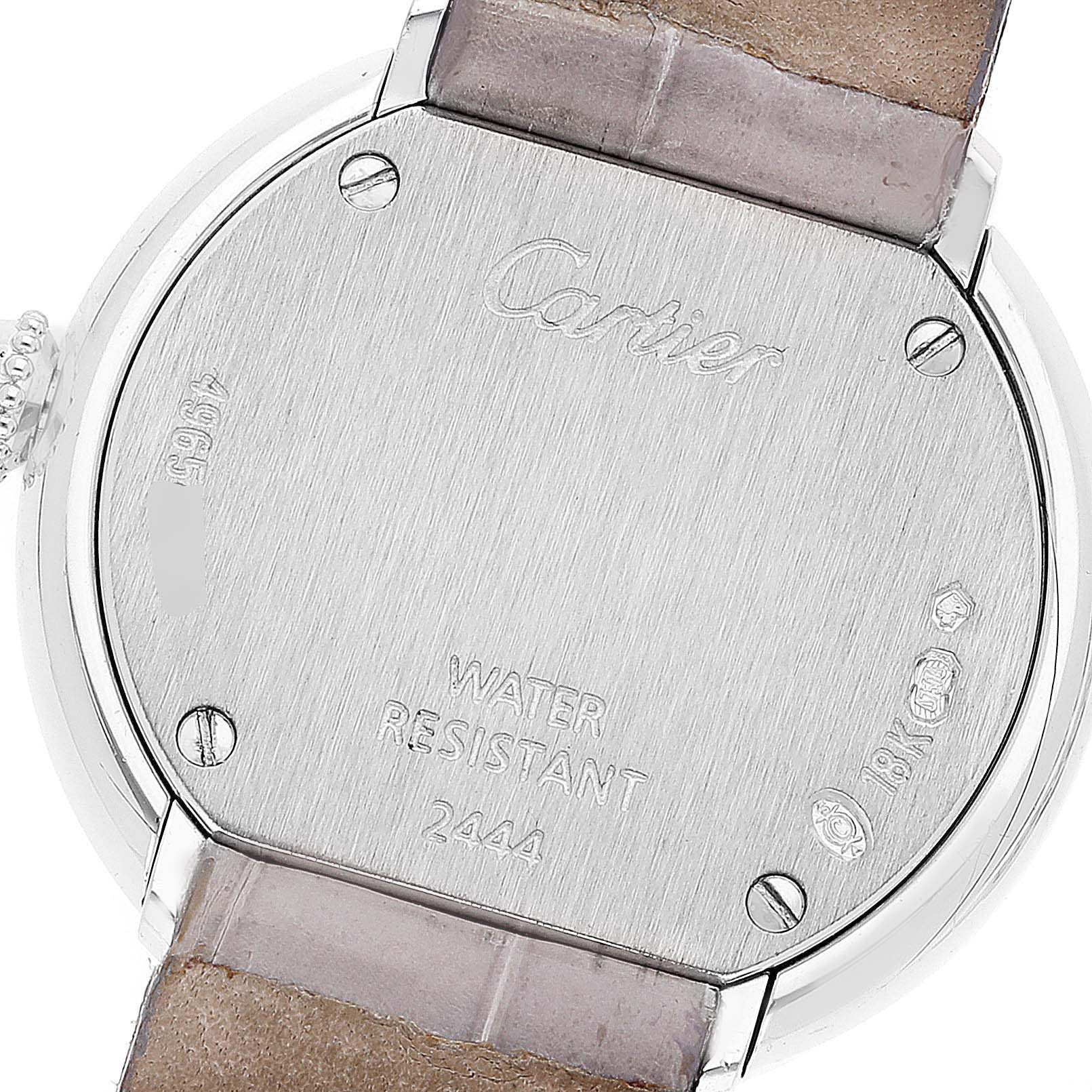 The image shows the back case of the Cartier Trinity WG201156 Women's White Gold  watch, highlighting the brand name, model details, and water resistance.