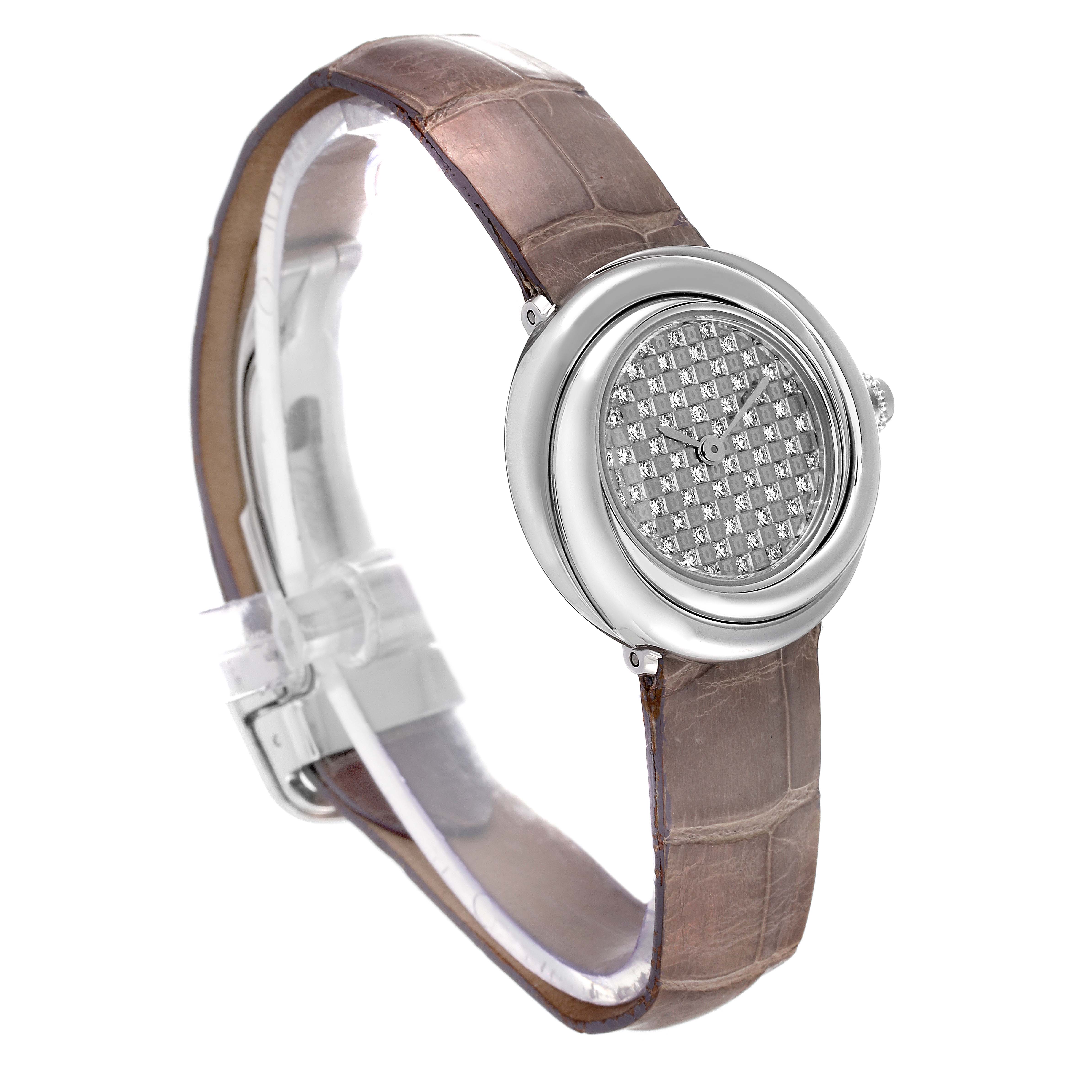 This image shows a Cartier Trinity WG201156 Women's White Gold  WG201156 Women's White Gold  model watch angled to display the face, bezel, and leather strap.