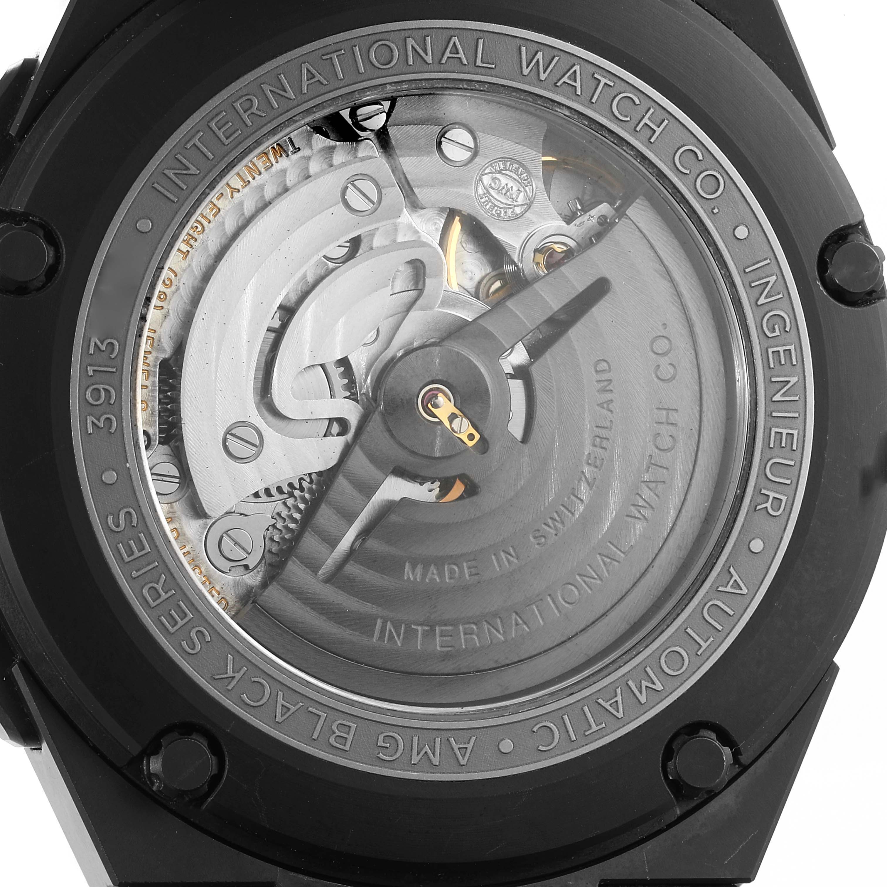 The image shows the back view of the IWC Ingenieur IW322503 Men's Ceramic Black Dial IW322503 Men's Ceramic Black Dial watch, highlighting its exposed automatic movement.