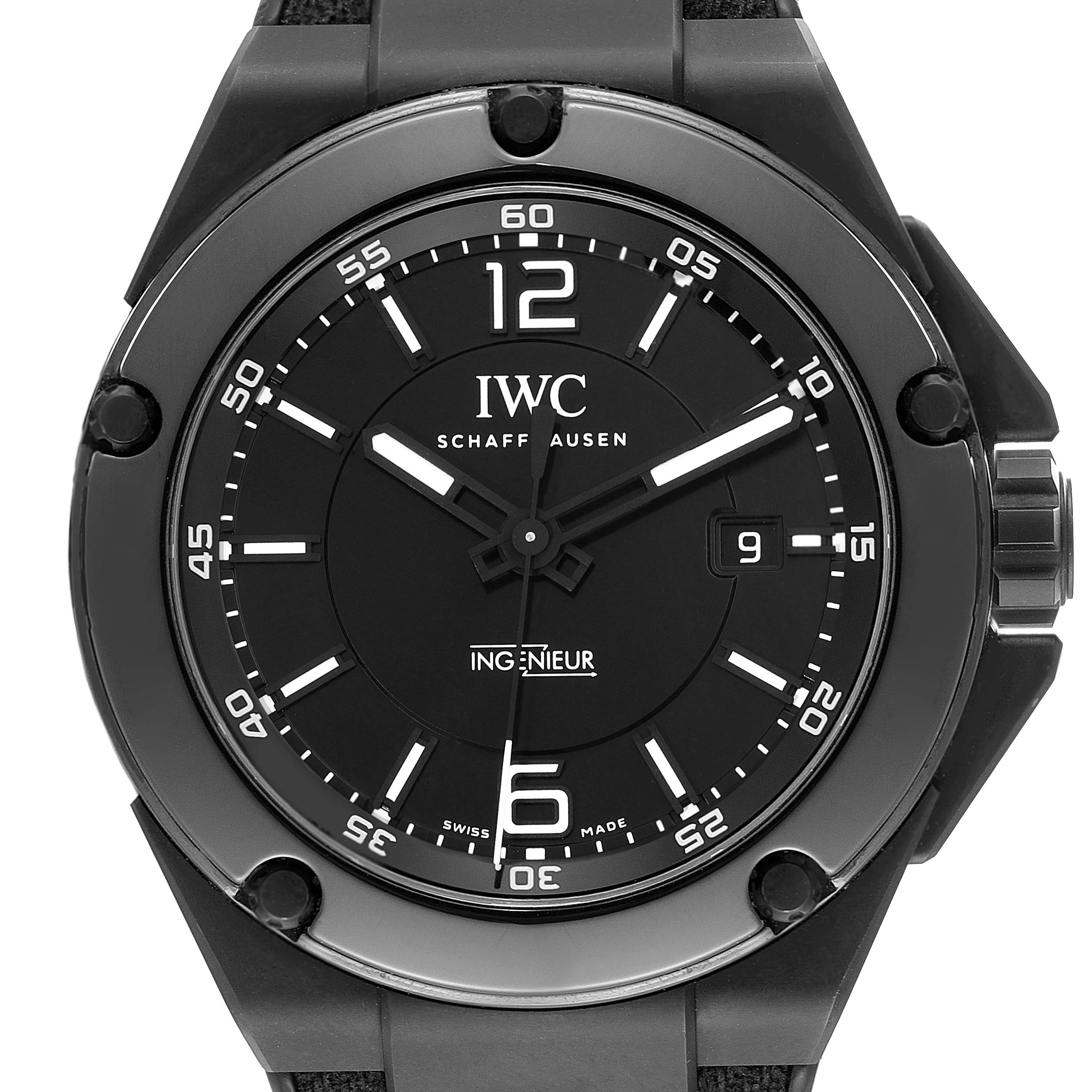 The image shows a front view of an IWC Ingenieur IW322503 Men's Ceramic Black Dial IW322503 Men's Ceramic Black Dial watch, displaying the dial, bezel, markers, and crown.