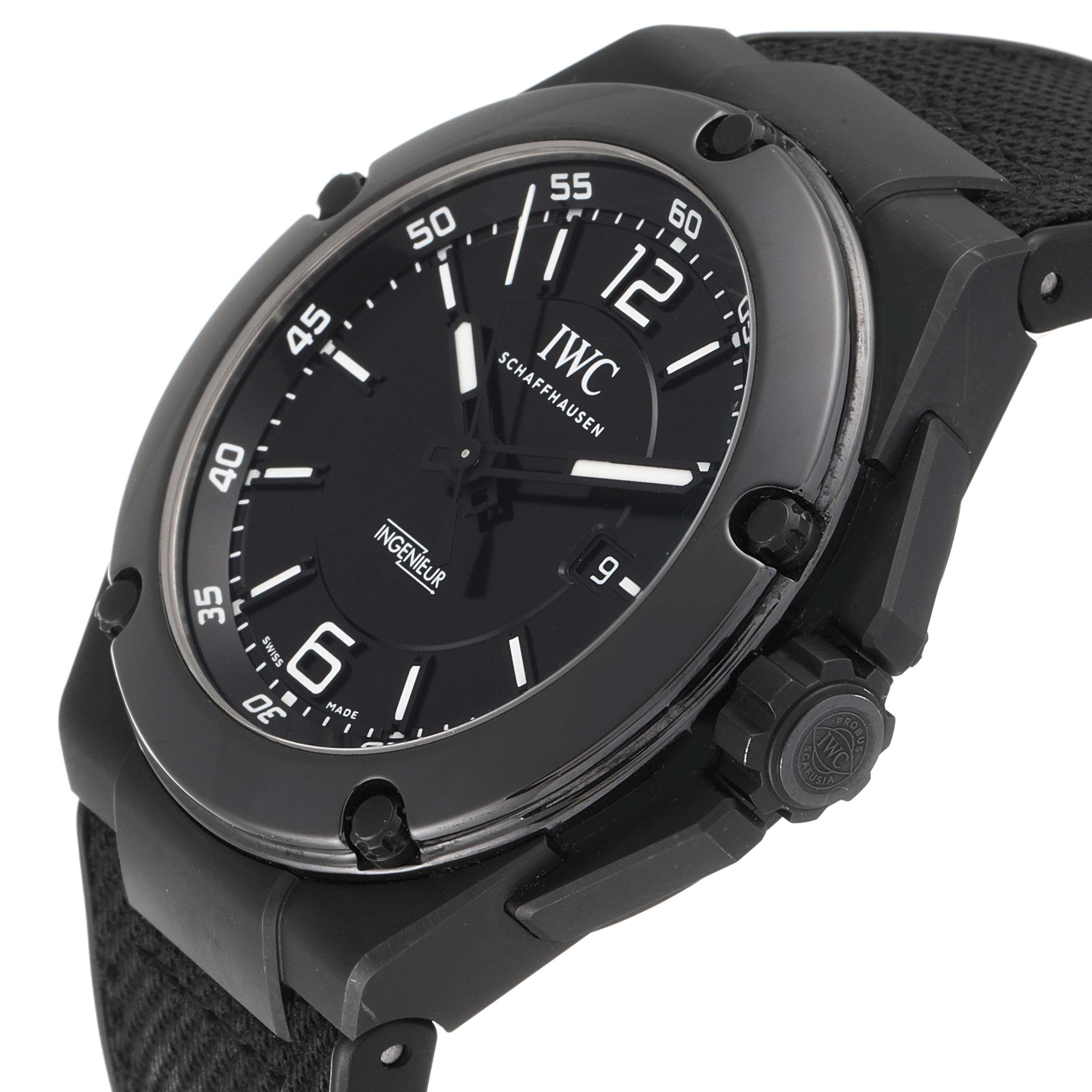 The image shows the IWC Ingenieur IW322503 Men's Ceramic Black Dial IW322503 Men's Ceramic Black Dial watch at a slanting angle, highlighting the dial, bezel, crown, and part of the strap.