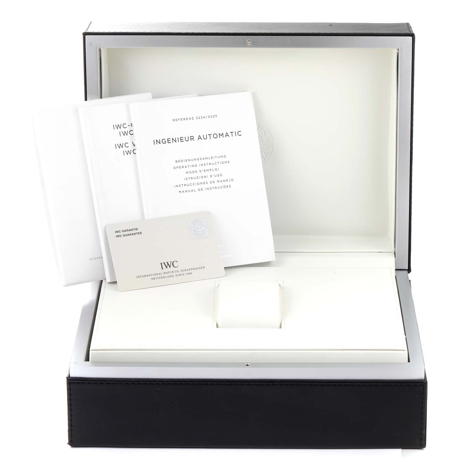 The image shows the packaging box, instruction manuals, and guarantee card for the IWC Ingenieur IW322503 Men's Ceramic Black Dial IW322503 Men's Ceramic Black Dial watch model.