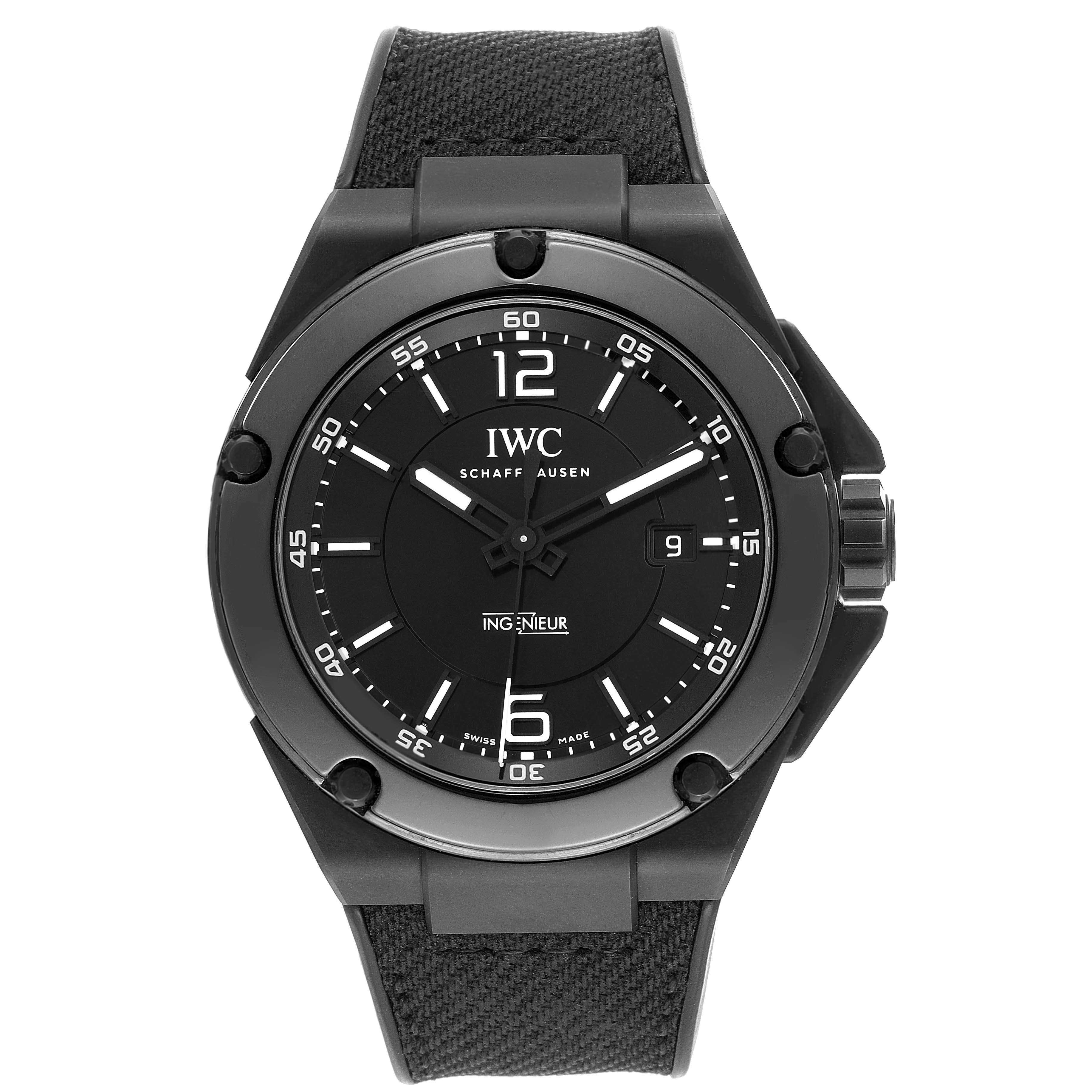 This image shows a front view of the IWC Ingenieur IW322503 Men's Ceramic Black Dial IW322503 Men's Ceramic Black Dial watch, highlighting the dial, bezel, and part of the strap.