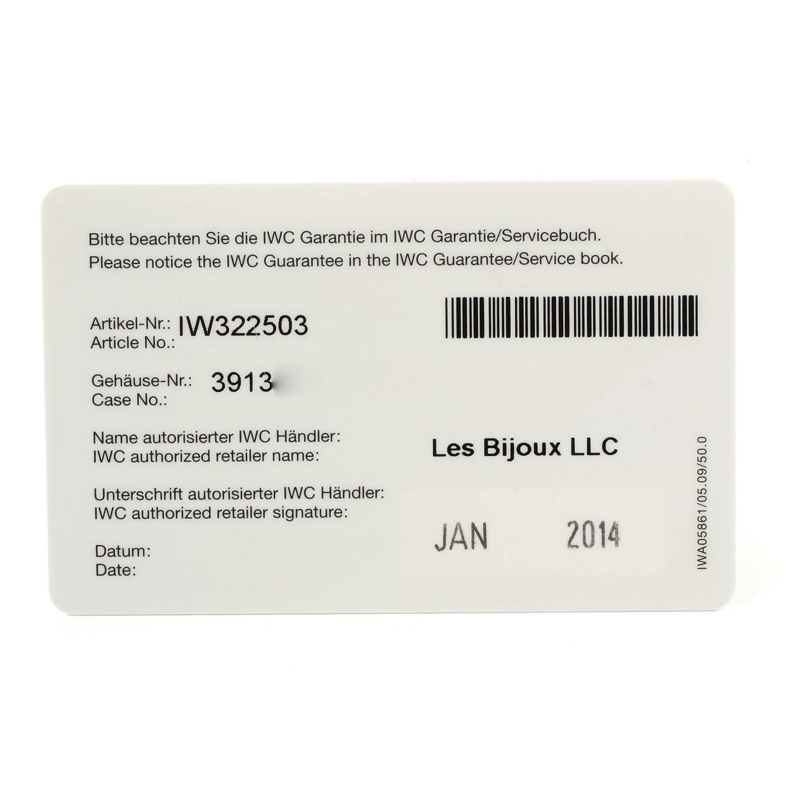 This is an IWC warranty card for the Ingenieur model, displaying article number IW322503, case number 3913, and retailer information.
