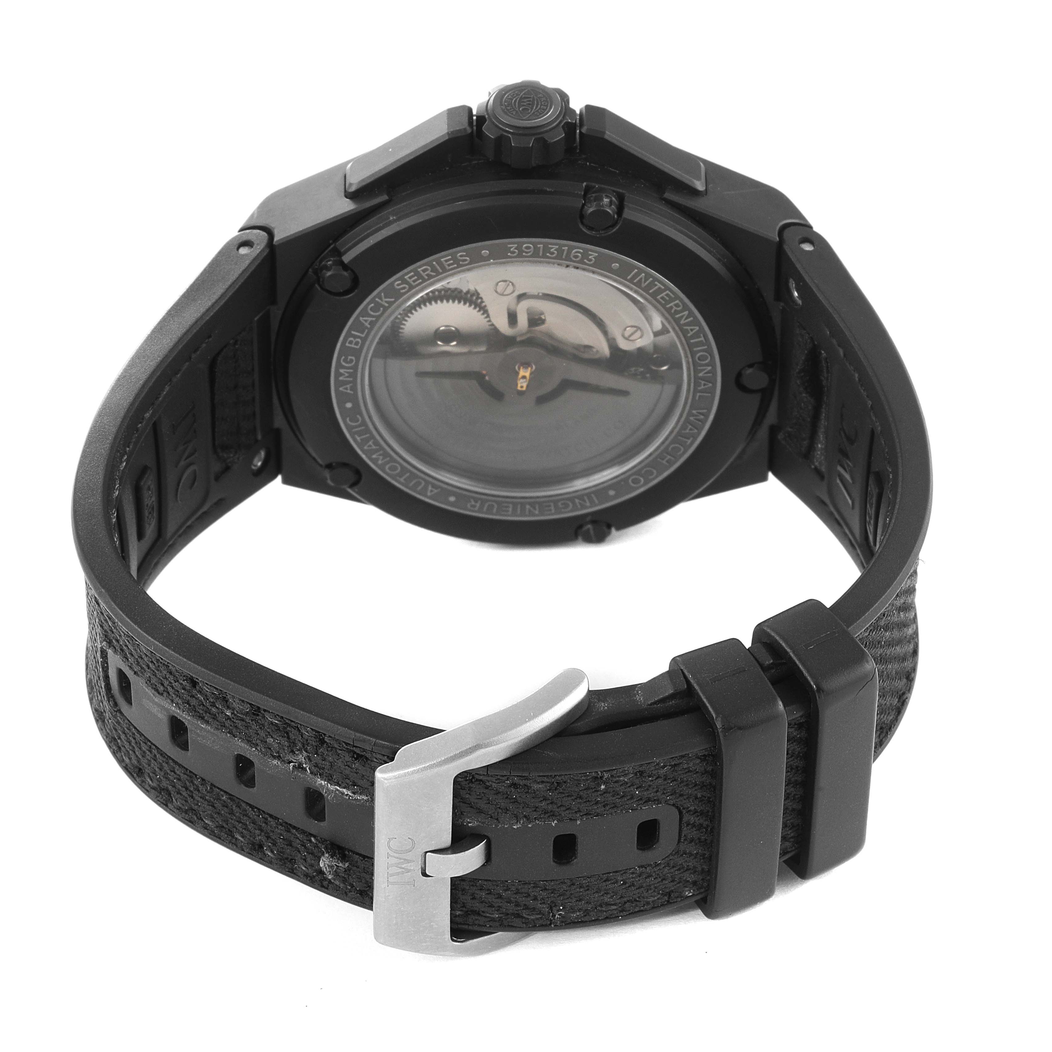 The image shows the back view of the IWC Ingenieur IW322503 Men's Ceramic Black Dial IW322503 Men's Ceramic Black Dial watch, highlighting the strap, buckle, and the transparent case back with visible mechanics.
