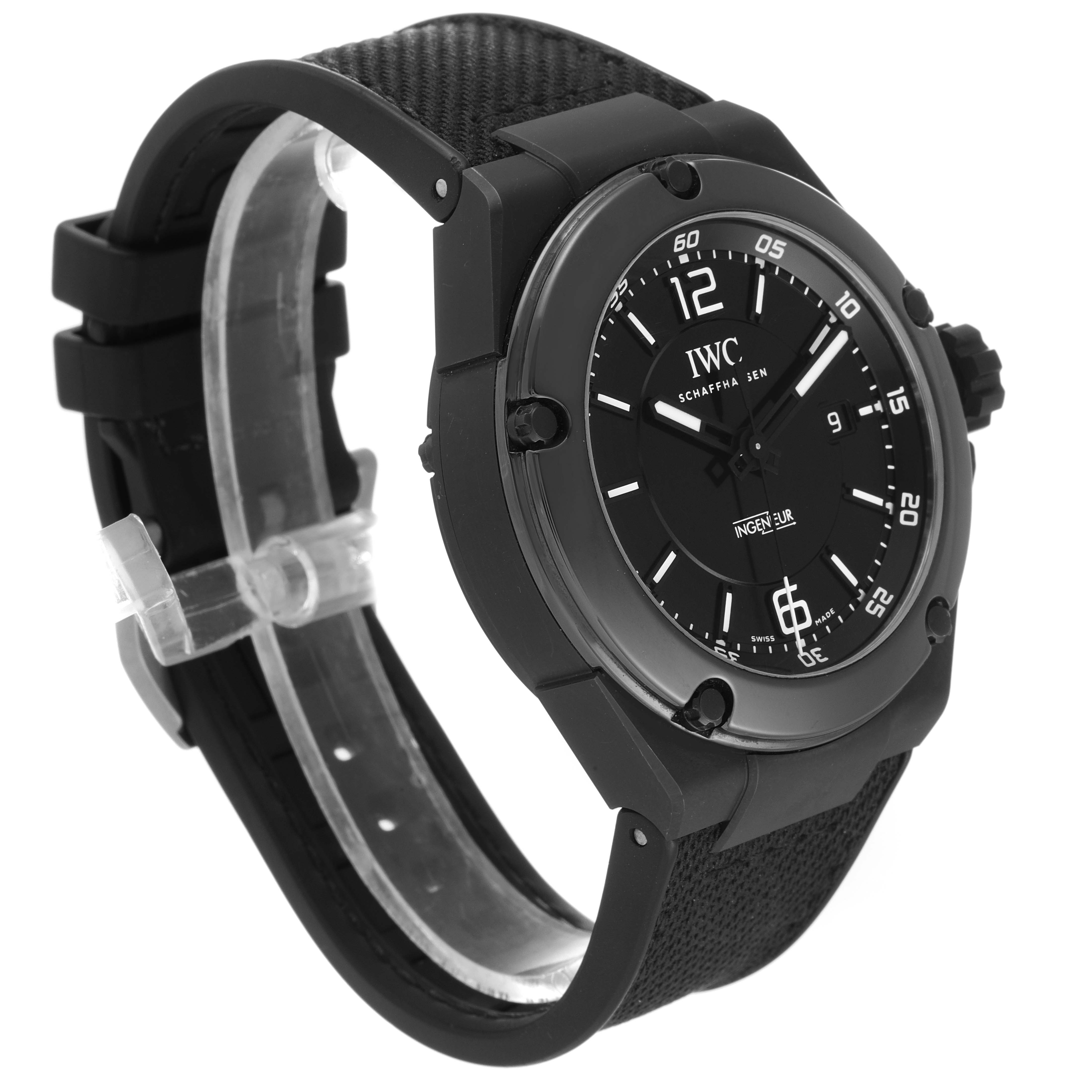 The IWC Ingenieur IW322503 Men's Ceramic Black Dial IW322503 Men's Ceramic Black Dial watch is shown from an angled side view, displaying the face, bezel, crown, lugs, and portions of the strap.