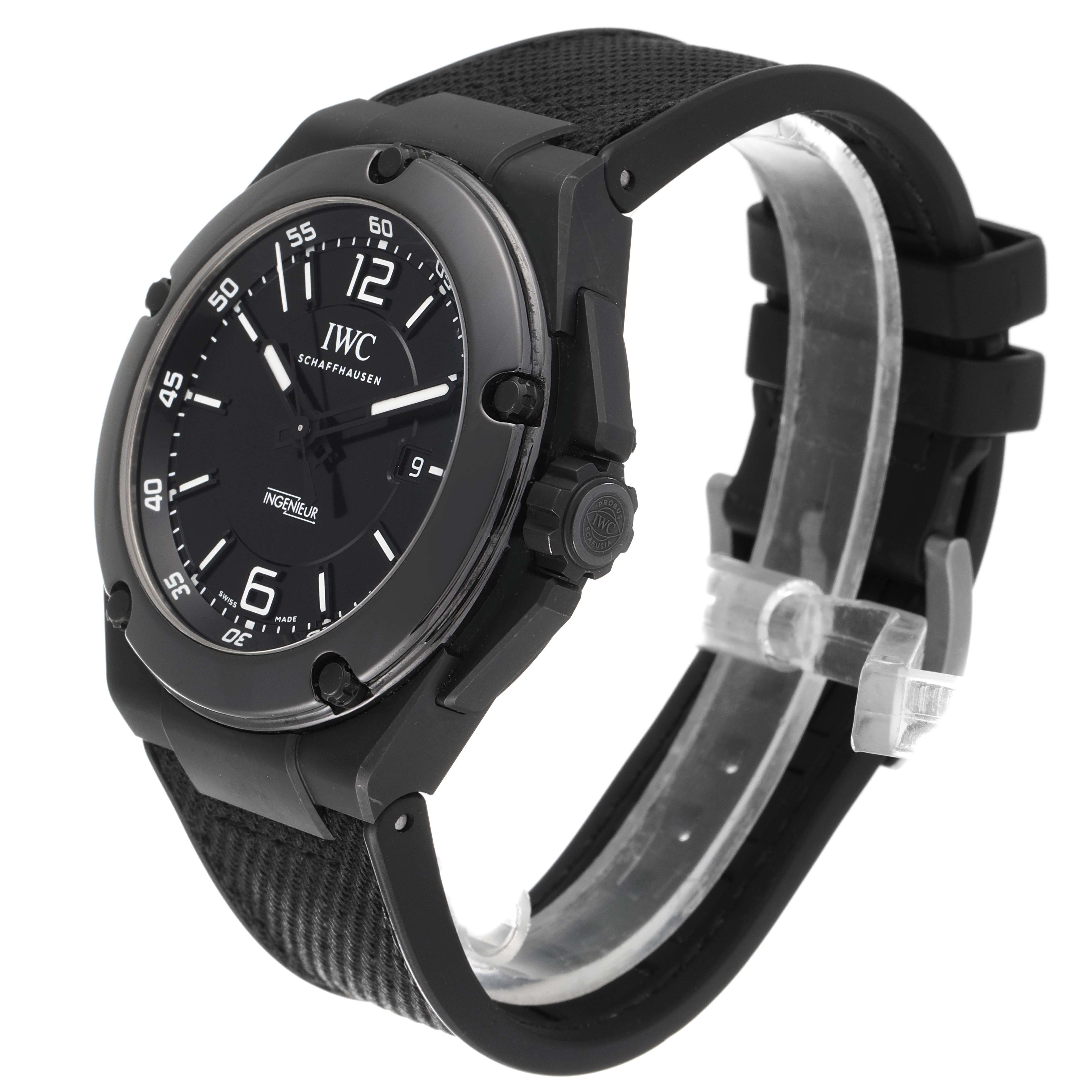 The image shows an IWC Ingenieur IW322503 Men's Ceramic Black Dial IW322503 Men's Ceramic Black Dial watch from a three-quarters angled view, highlighting the dial, strap, and crown.