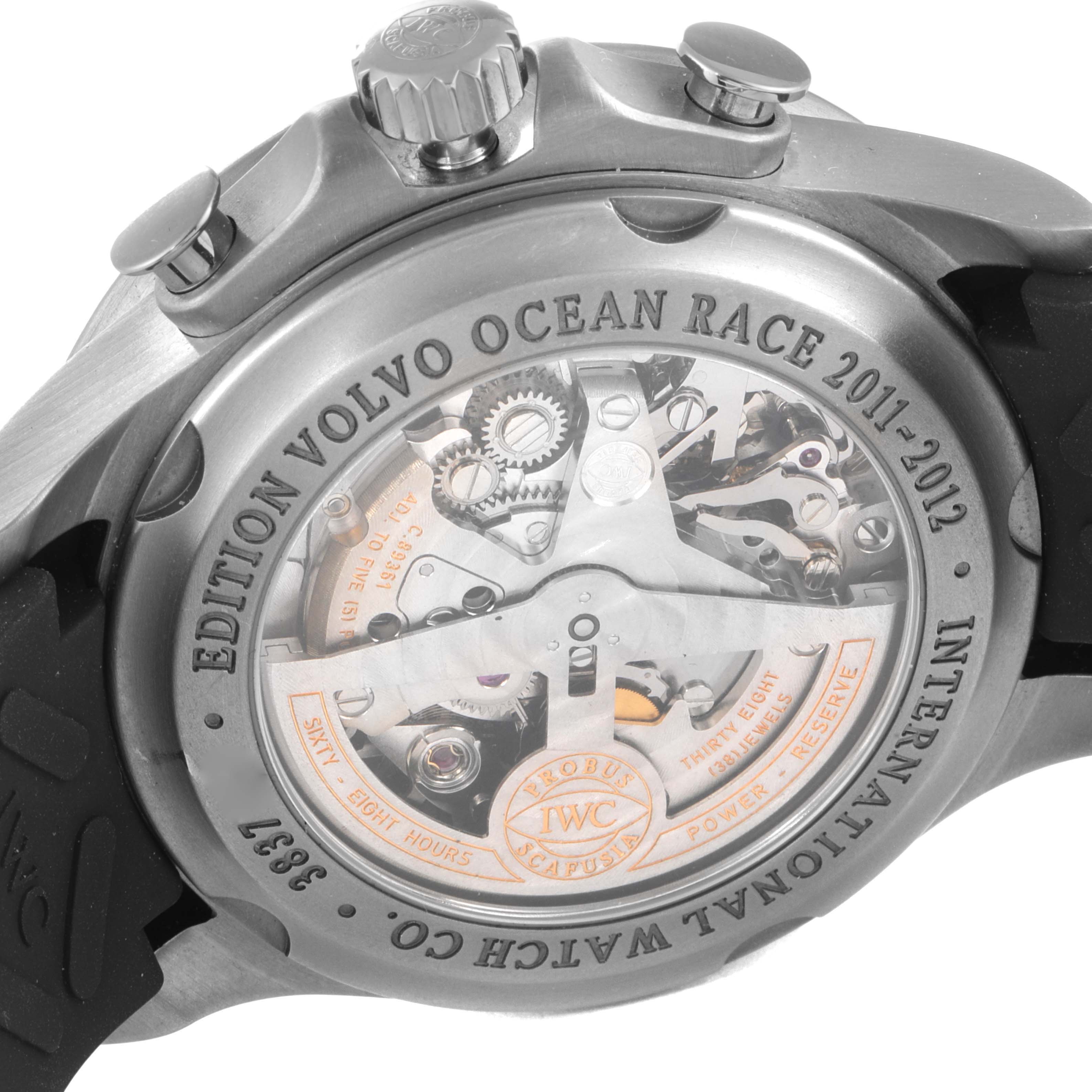 The image shows the back of the IWC Portuguese IW390212 Men's Titanium Black Dial IW390212 Men's Titanium Black Dial Edition Volvo Ocean Race 2011-2012 watch, displaying its movement and internal mechanics.