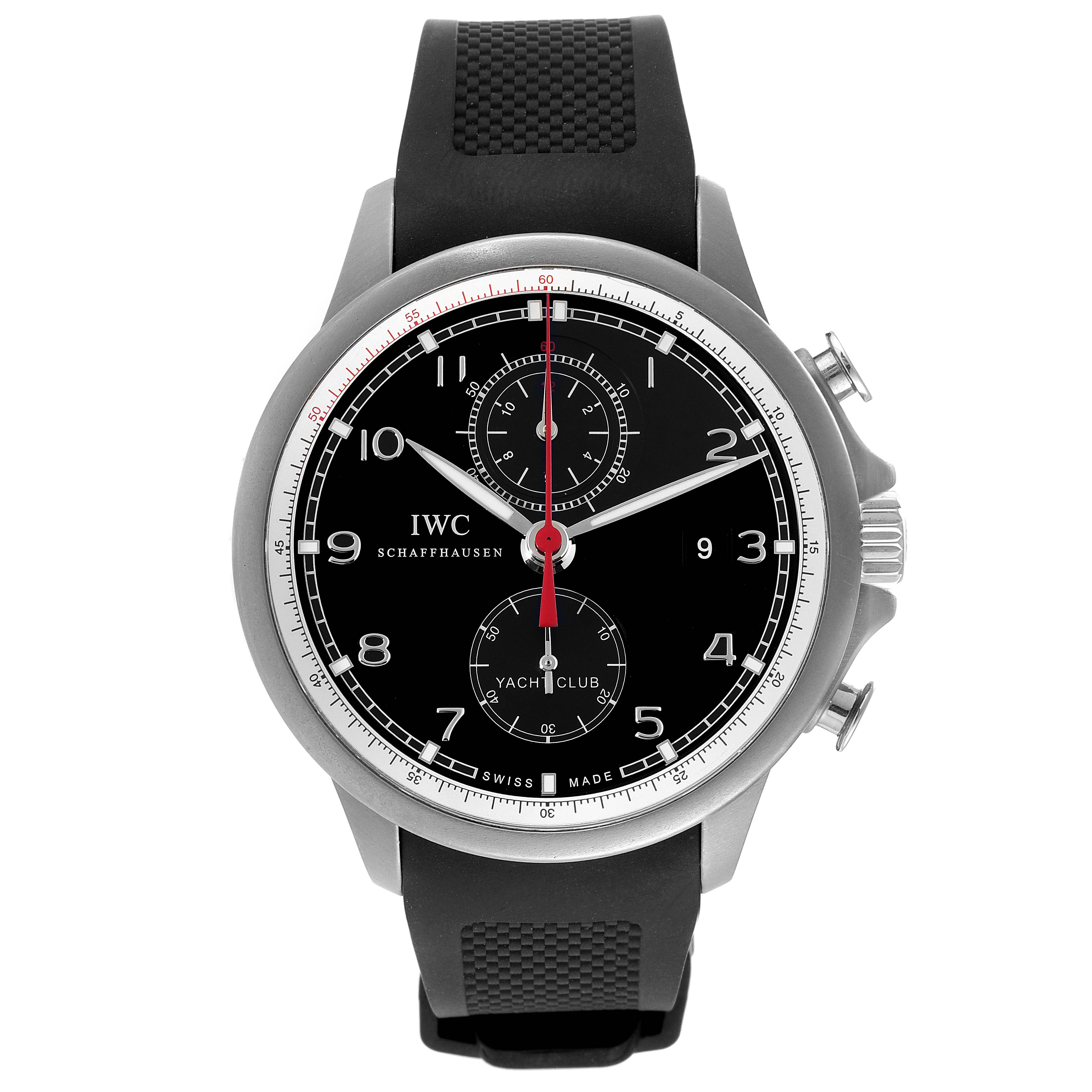 This is a front view of the IWC Portuguese IW390212 Men's Titanium Black Dial IW390212 Men's Titanium Black Dial Yacht Club Chronograph, showing the black dial, subdials, and black rubber strap.