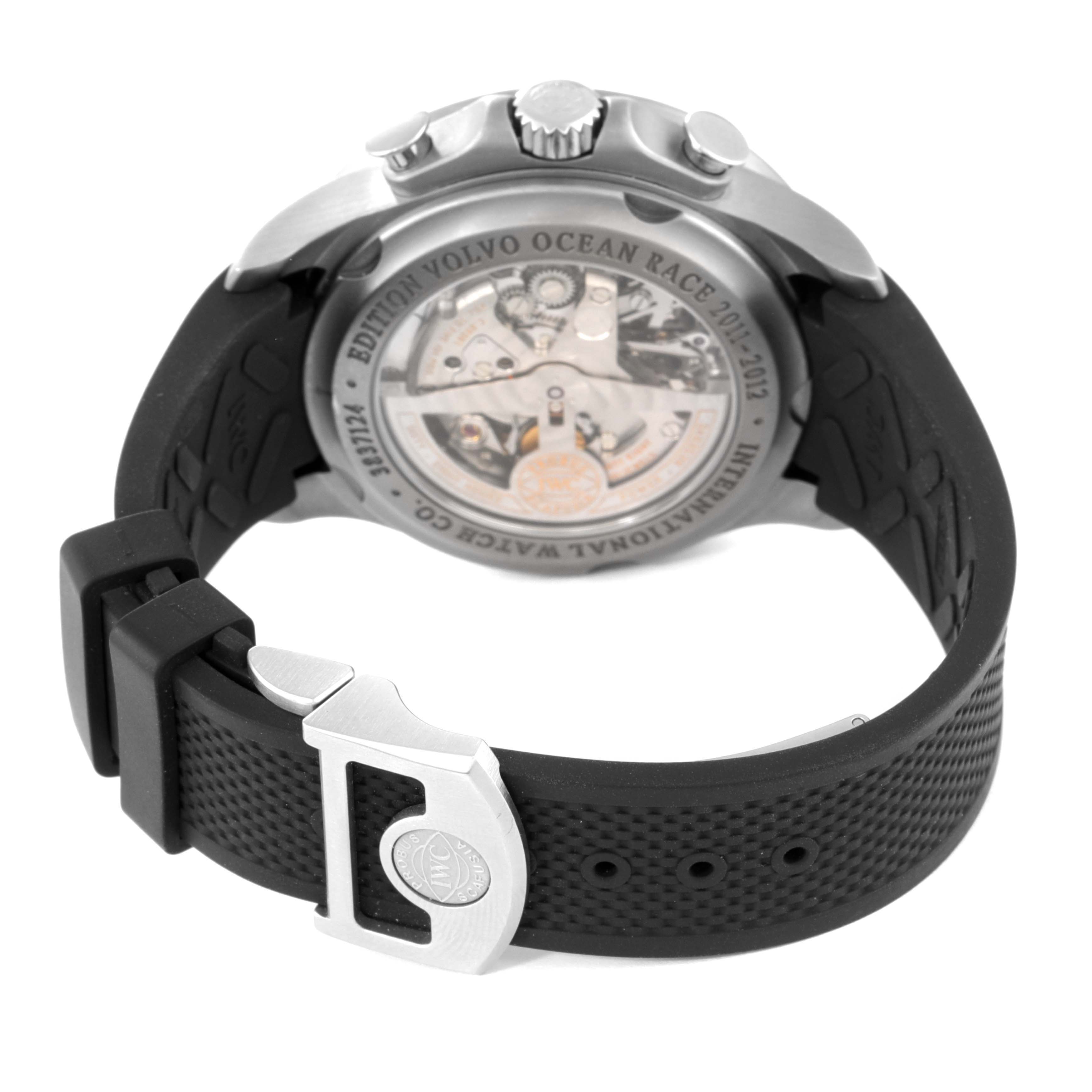 The image shows the back view of the IWC Portuguese IW390212 Men's Titanium Black Dial IW390212 Men's Titanium Black Dial Edition Volvo Ocean Race watch, highlighting the rear case, strap, and clasp.