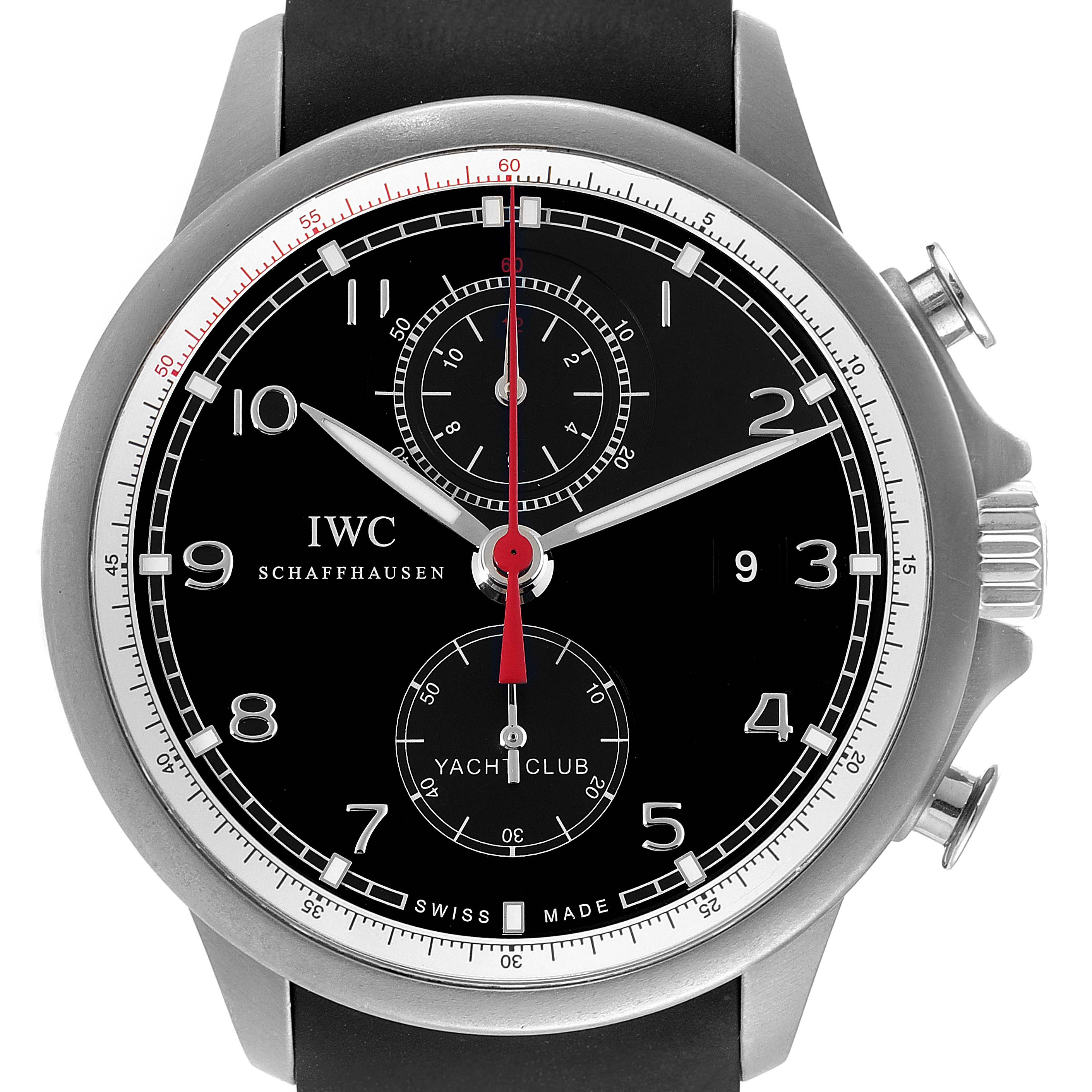 This image shows a front view of the IWC Portuguese IW390212 Men's Titanium Black Dial IW390212 Men's Titanium Black Dial Yacht Club watch, highlighting its dial, hands, subdials, and crown.