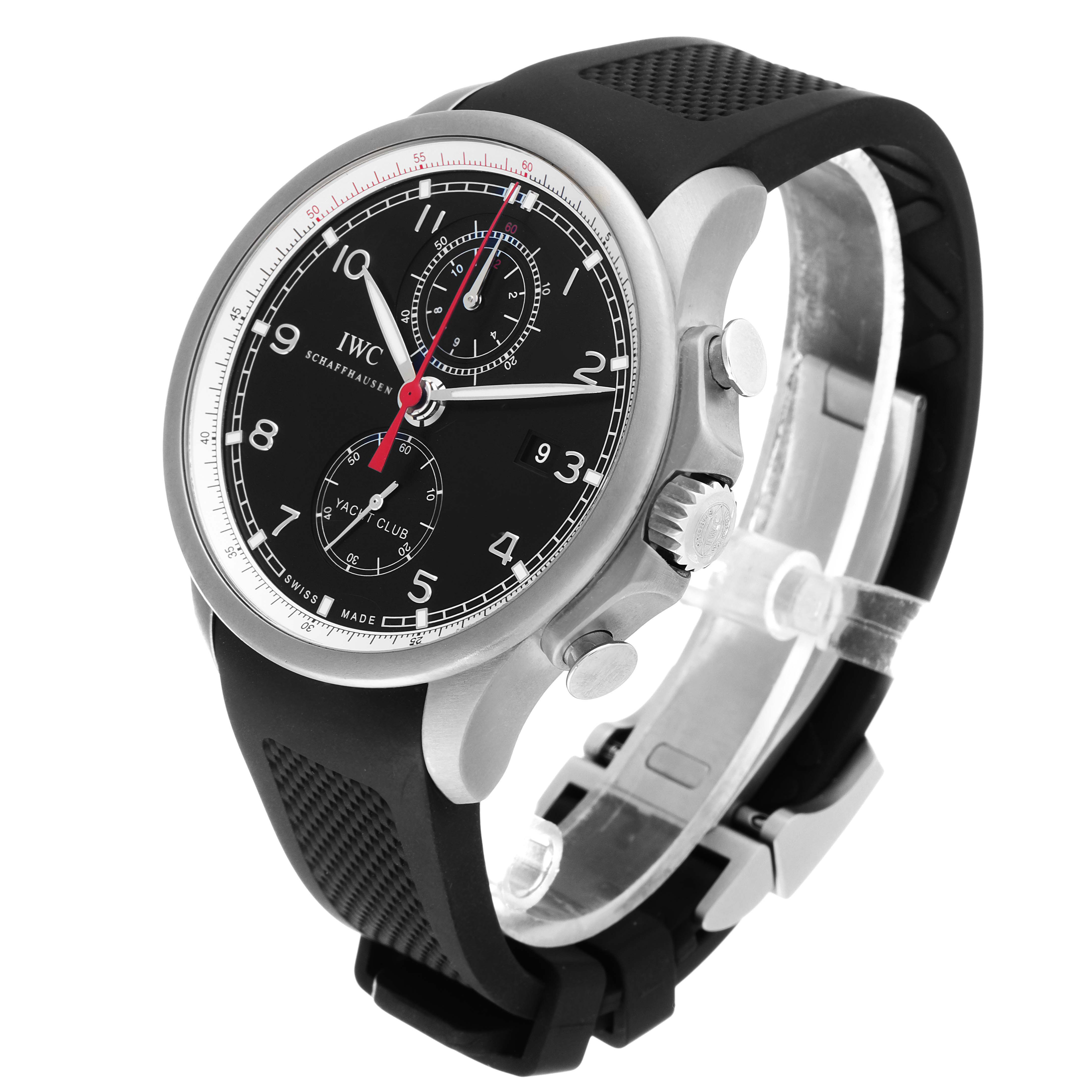 The image shows a side-angle view of an IWC Portuguese IW390212 Men's Titanium Black Dial IW390212 Men's Titanium Black Dial model watch, highlighting the black dial, chronograph subdials, and black strap.