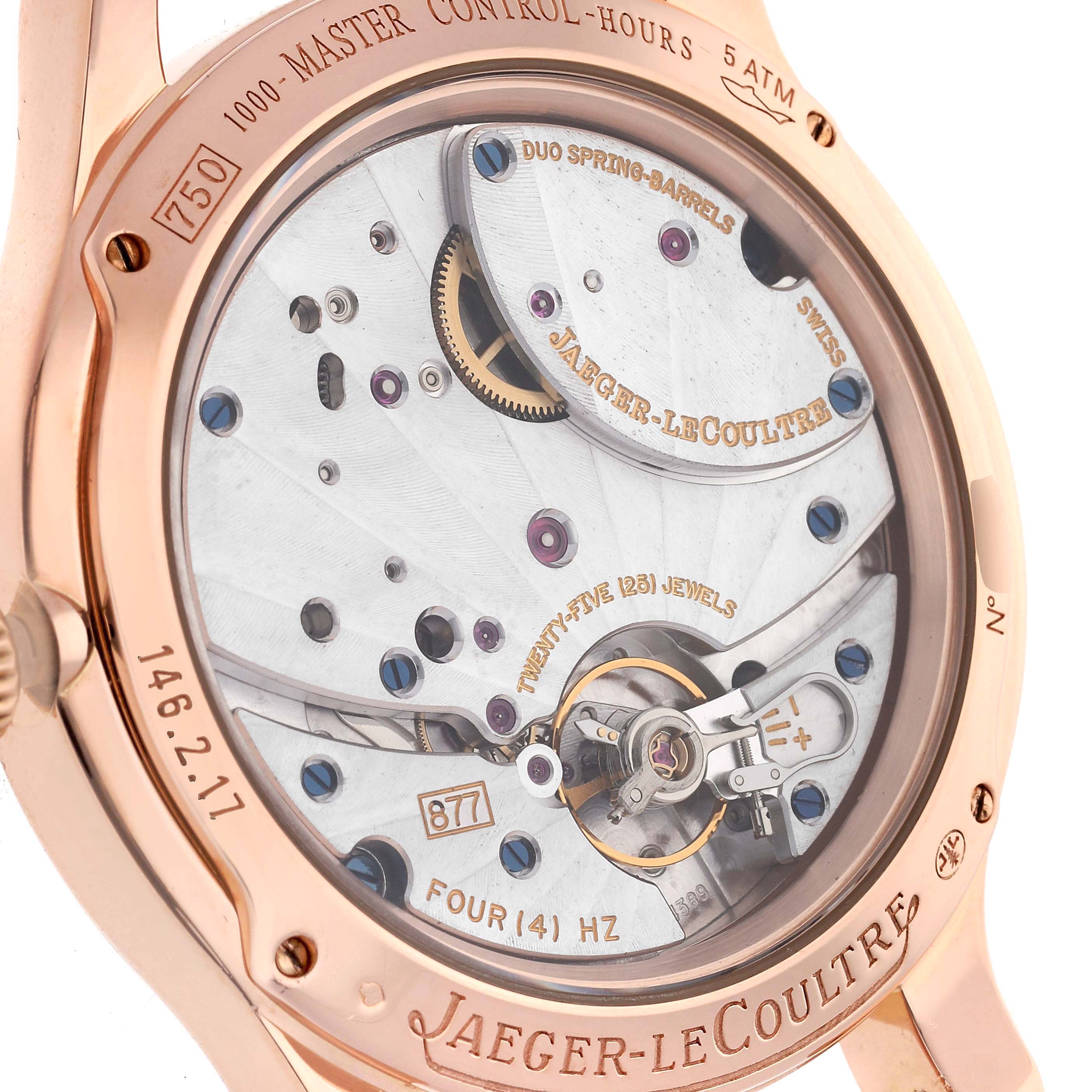 This image shows the back view of the Jaeger-LeCoultre Master watch, highlighting its intricate mechanical movement.