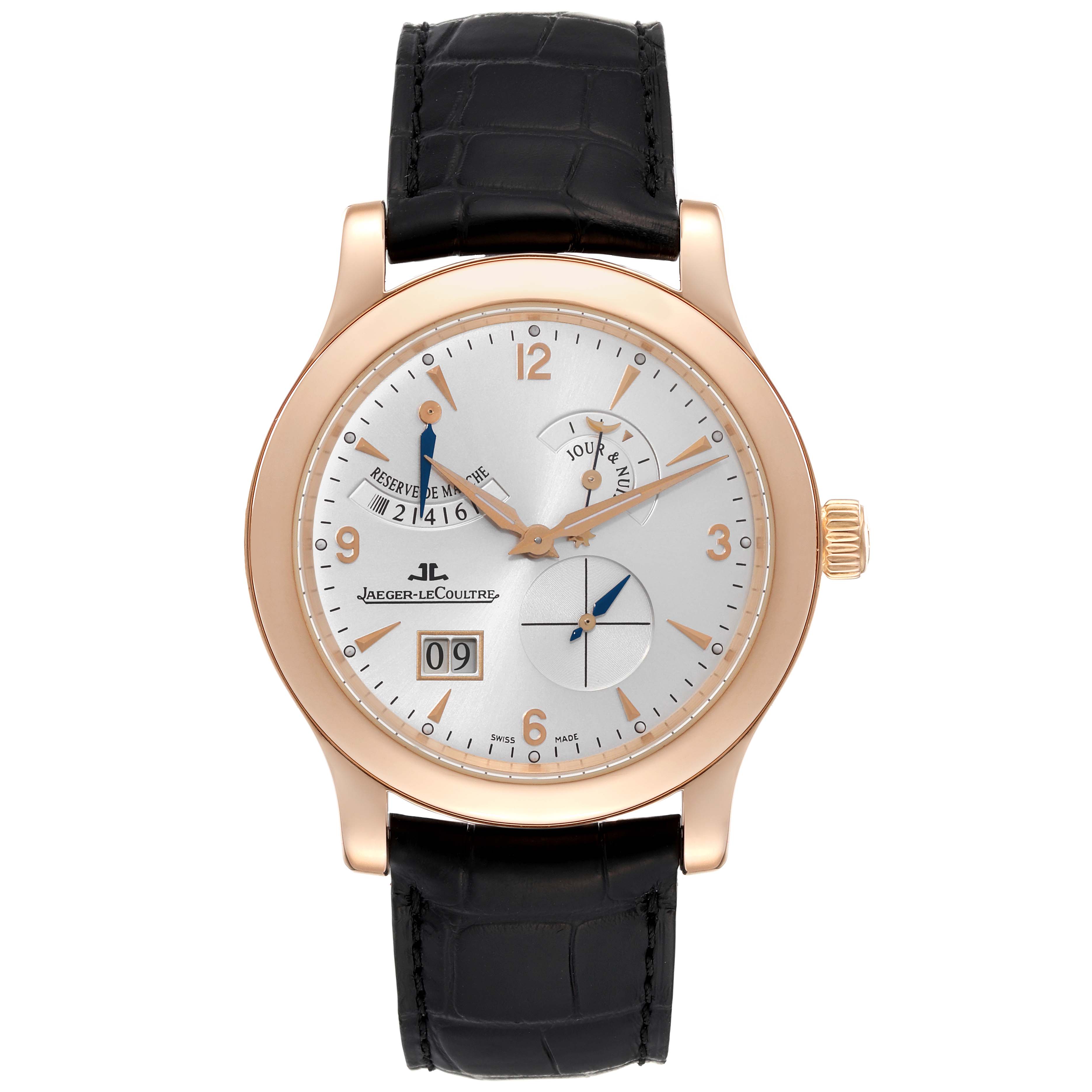 The image shows a front view of a Jaeger LeCoultre Master Q1602420 Men's Rose Gold Silver Dial Q1602420 Men's Rose Gold Silver Dial model watch, highlighting its face, dial, case, and black leather strap.