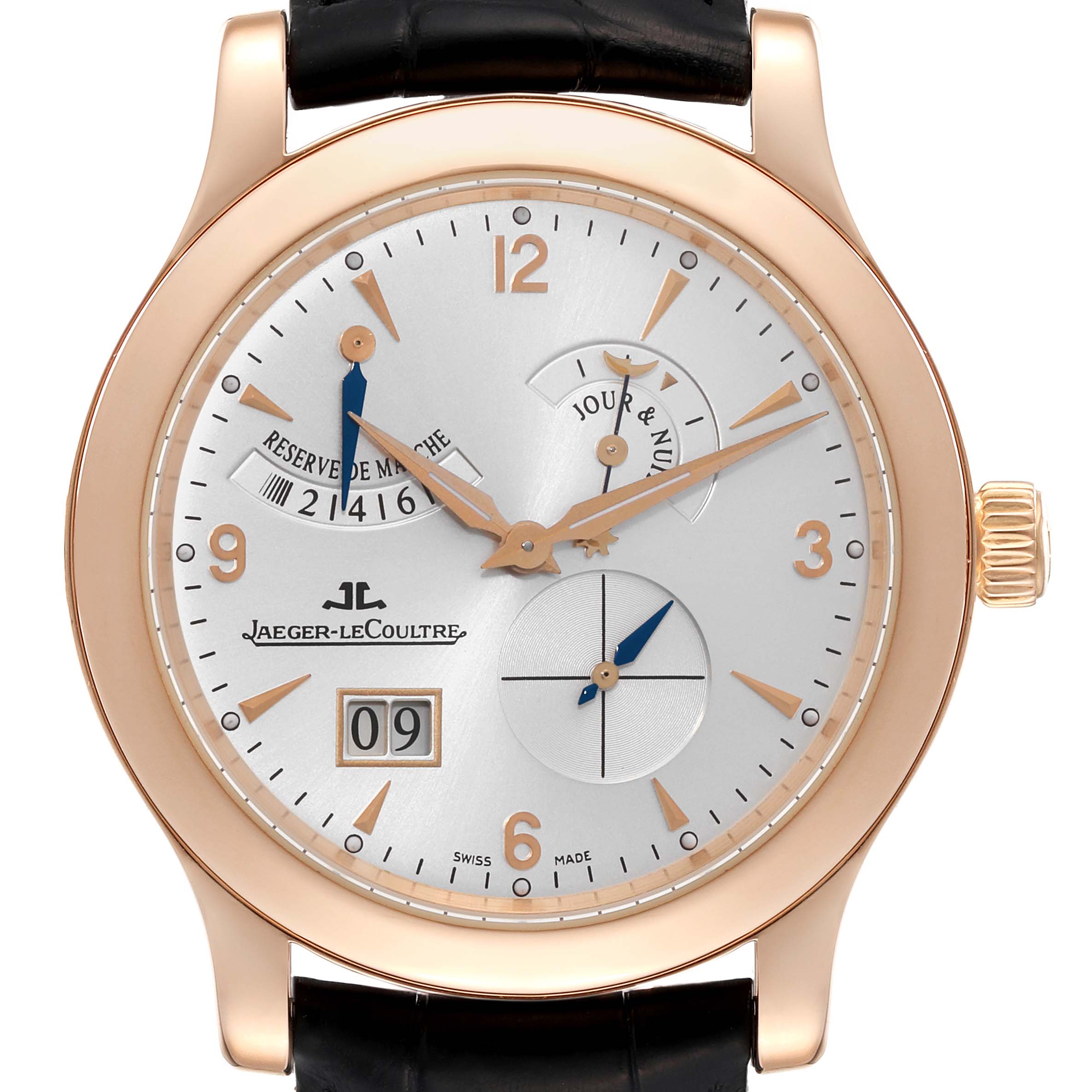 This image shows the face of a Jaeger LeCoultre Master Q1602420 Men's Rose Gold Silver Dial Q1602420 Men's Rose Gold Silver Dial model watch, depicting details like its hands, numerals, and sub-dials.