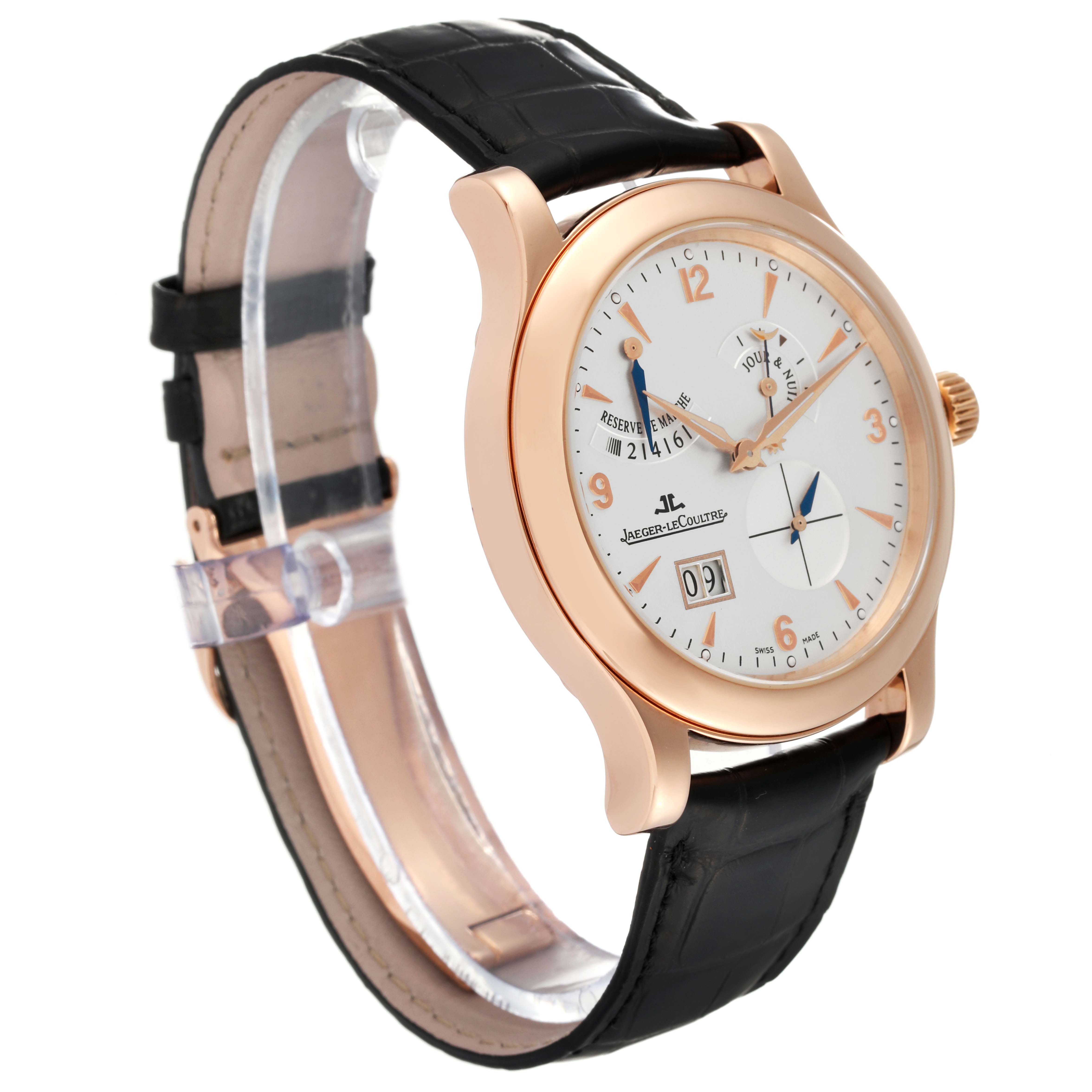 This Jaeger LeCoultre Master Q1602420 Men's Rose Gold Silver Dial Q1602420 Men's Rose Gold Silver Dial model watch is shown at a three-quarter angle, displaying the face, bezel, crown, and strap.
