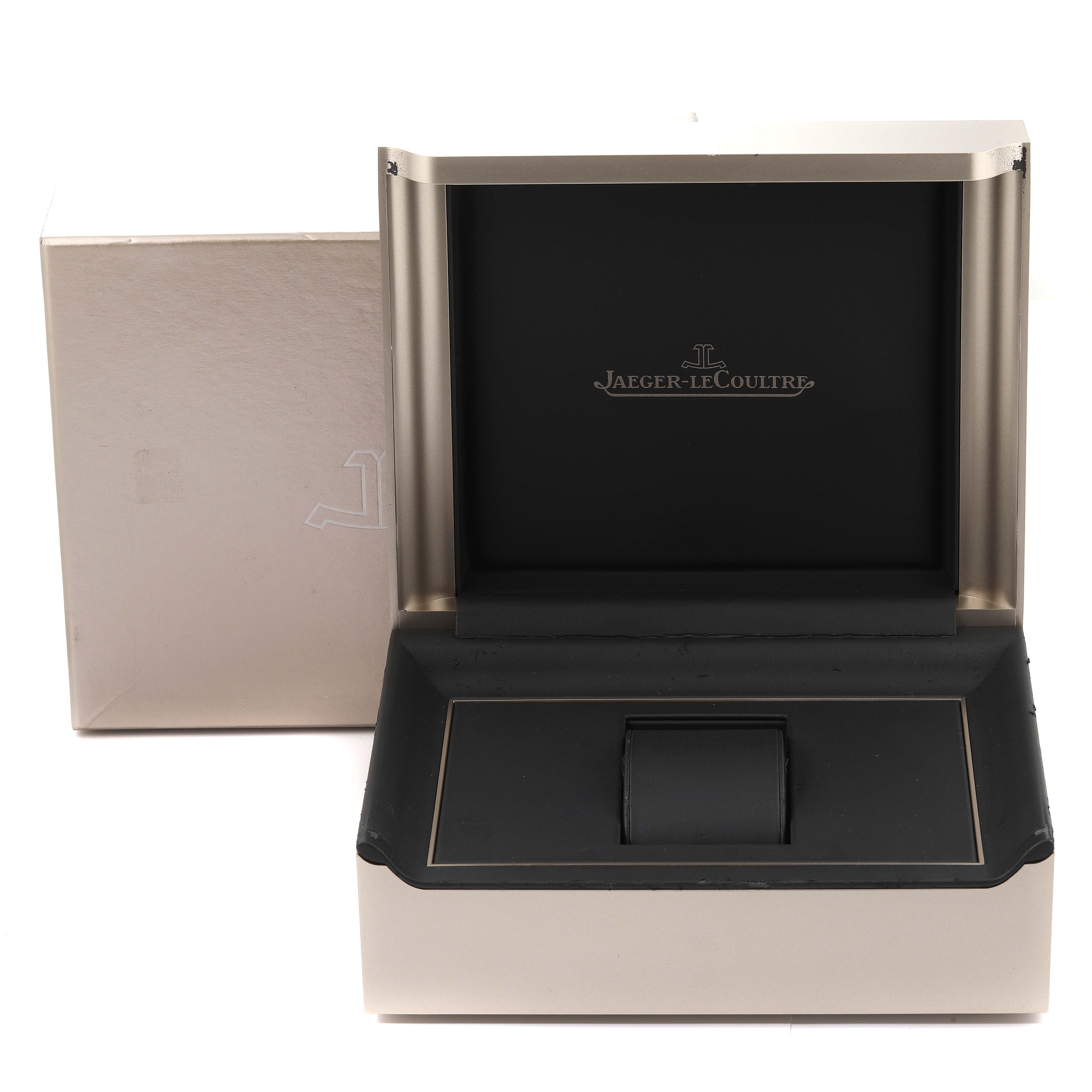 This image shows an empty Jaeger-LeCoultre Master model watch box, photographed from a front angle with its packaging.