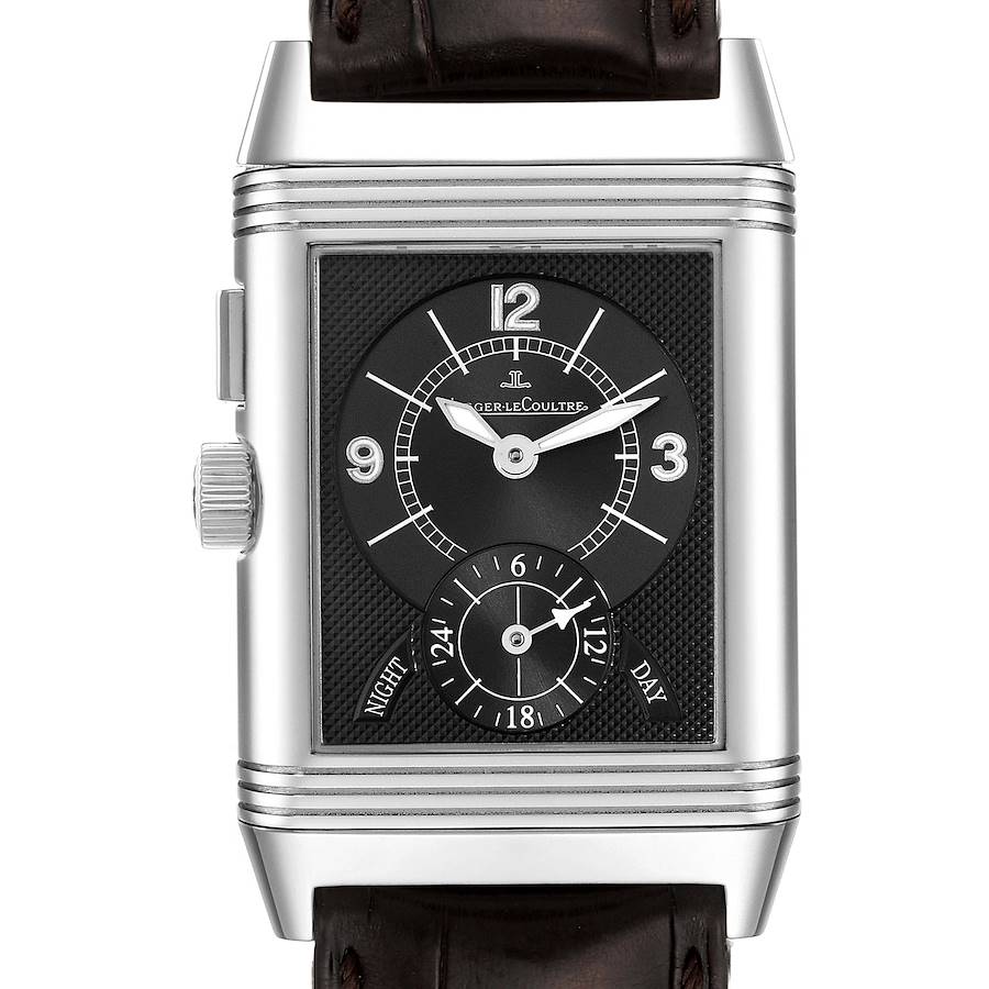 This image shows a front view of the Jaeger-LeCoultre Reverso watch, displaying the face, case, crown, and strap.