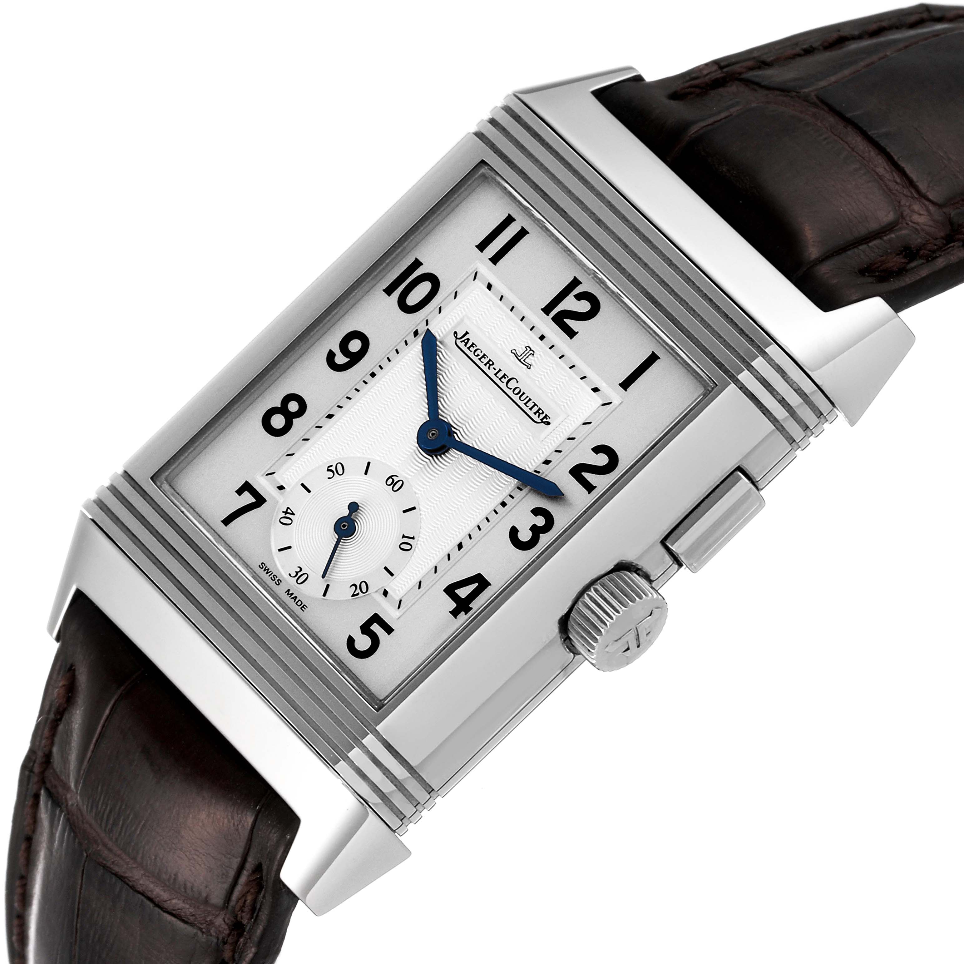The image shows a close-up angled view of a Jaeger LeCoultre Reverso Q2718410 Men's Stainless Steel Silver Dial Q2718410 Men's Stainless Steel Silver Dial watch, highlighting the dial, lugs, strap, and crown.