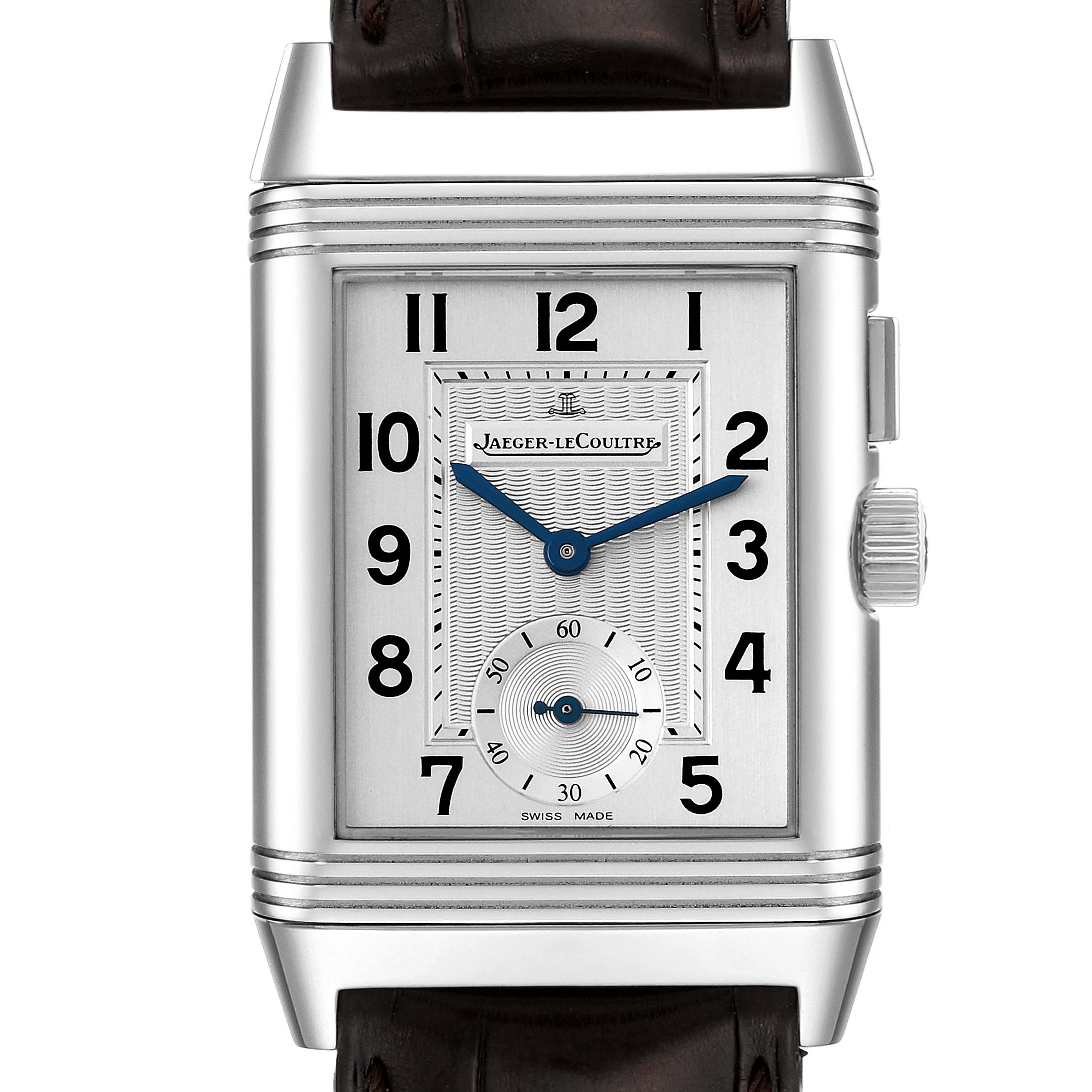This image shows the front view of a Jaeger LeCoultre Reverso Q2718410 Men's Stainless Steel Silver Dial Q2718410 Men's Stainless Steel Silver Dial watch, featuring the face, crown, and part of the strap.