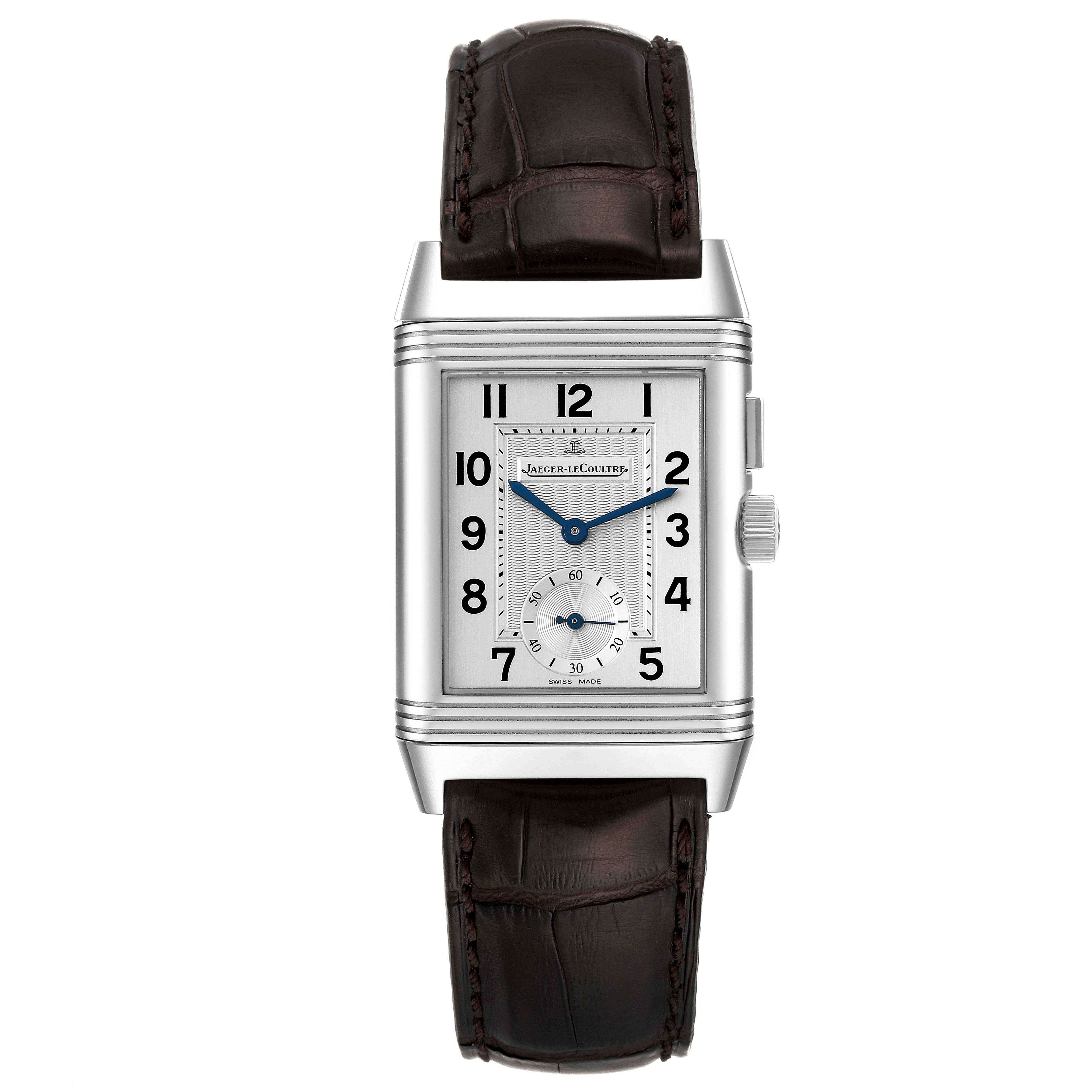 The image shows a front view of a Jaeger LeCoultre Reverso Q2718410 Men's Stainless Steel Silver Dial Q2718410 Men's Stainless Steel Silver Dial watch displaying the face, dial, and brown leather strap.
