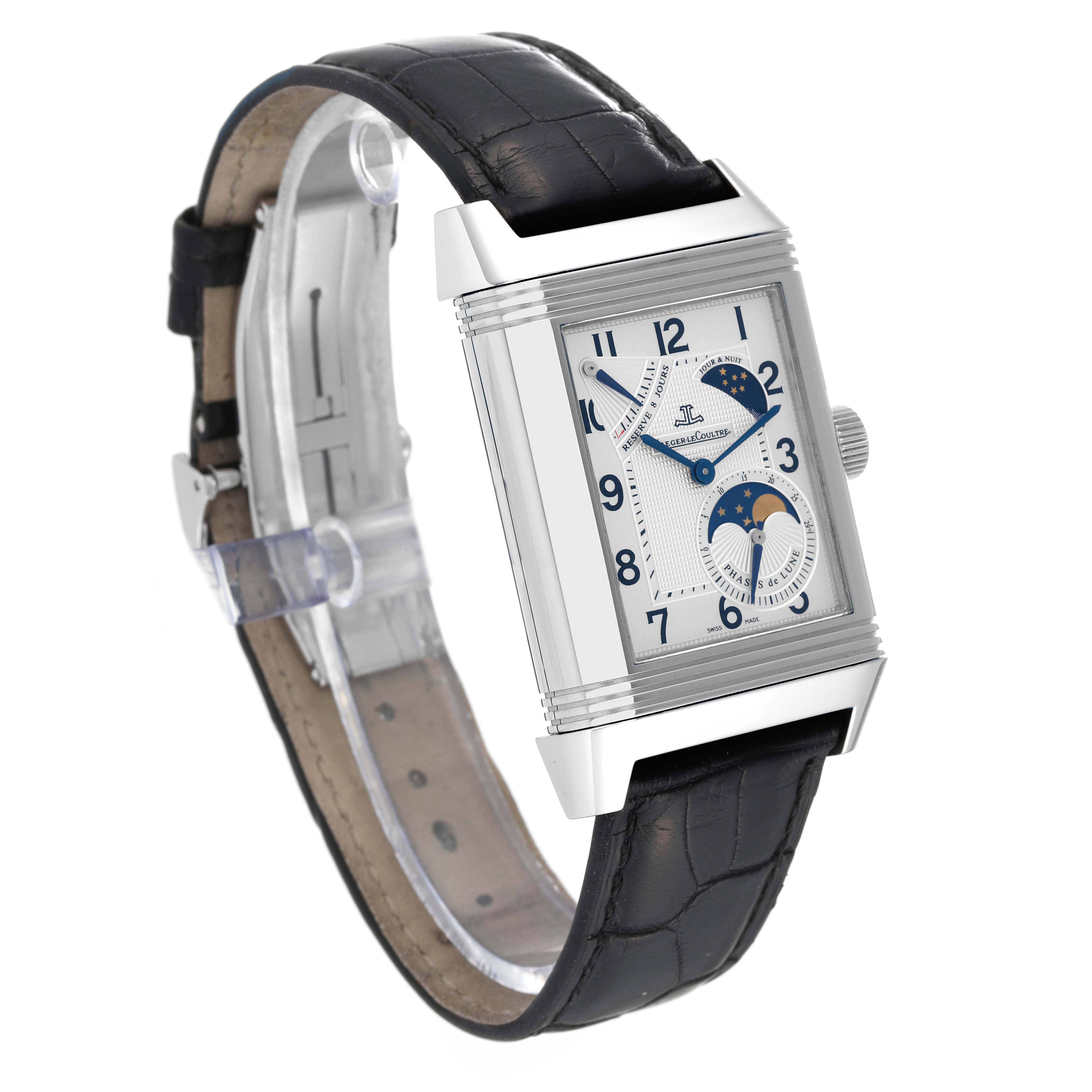 The Reverso model by Jaeger LeCoultre is shown at a three-quarters angle, highlighting its face, strap, and side profile.