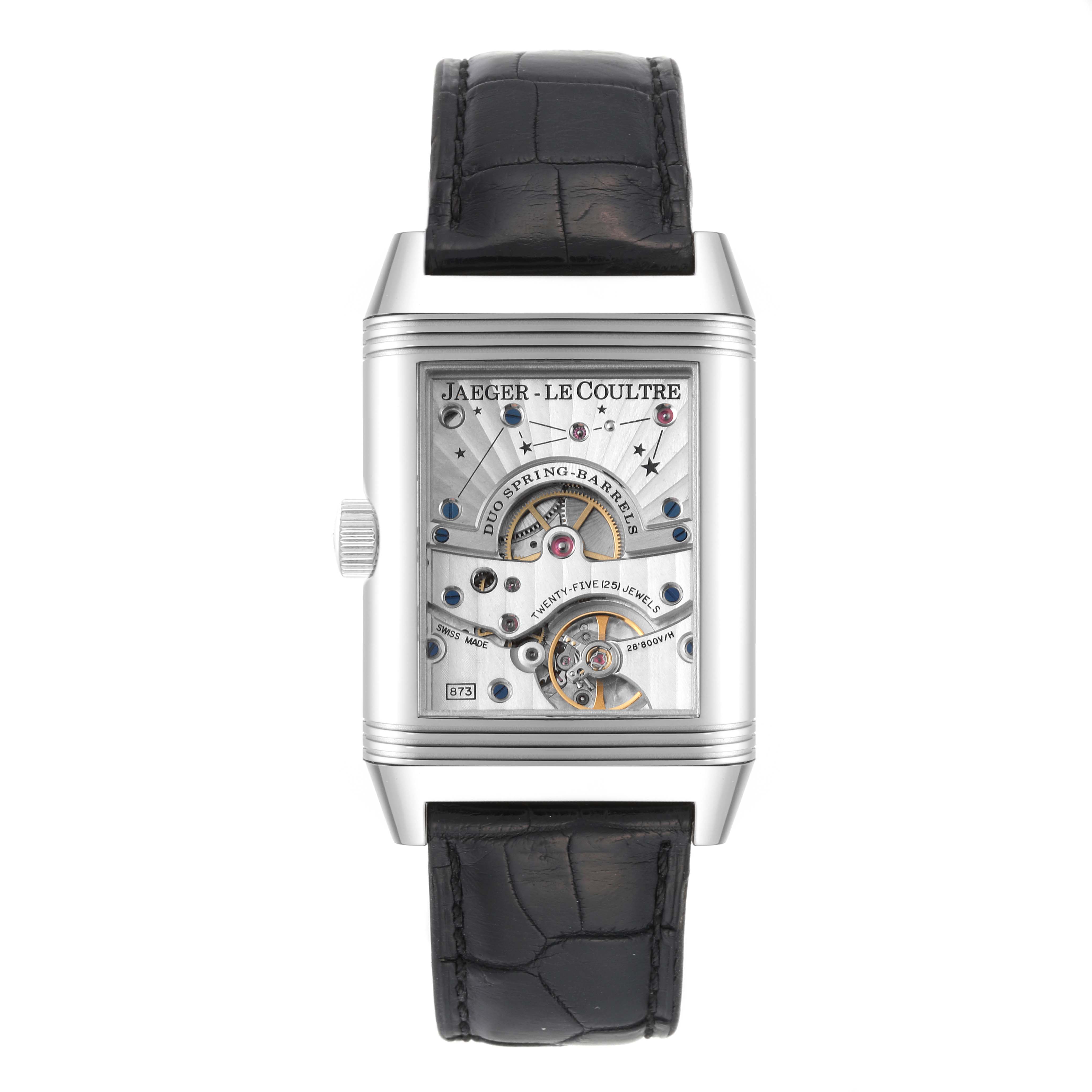 This is a front view of the Reverso model by Jaeger-LeCoultre, showcasing its mechanical components and black leather strap.