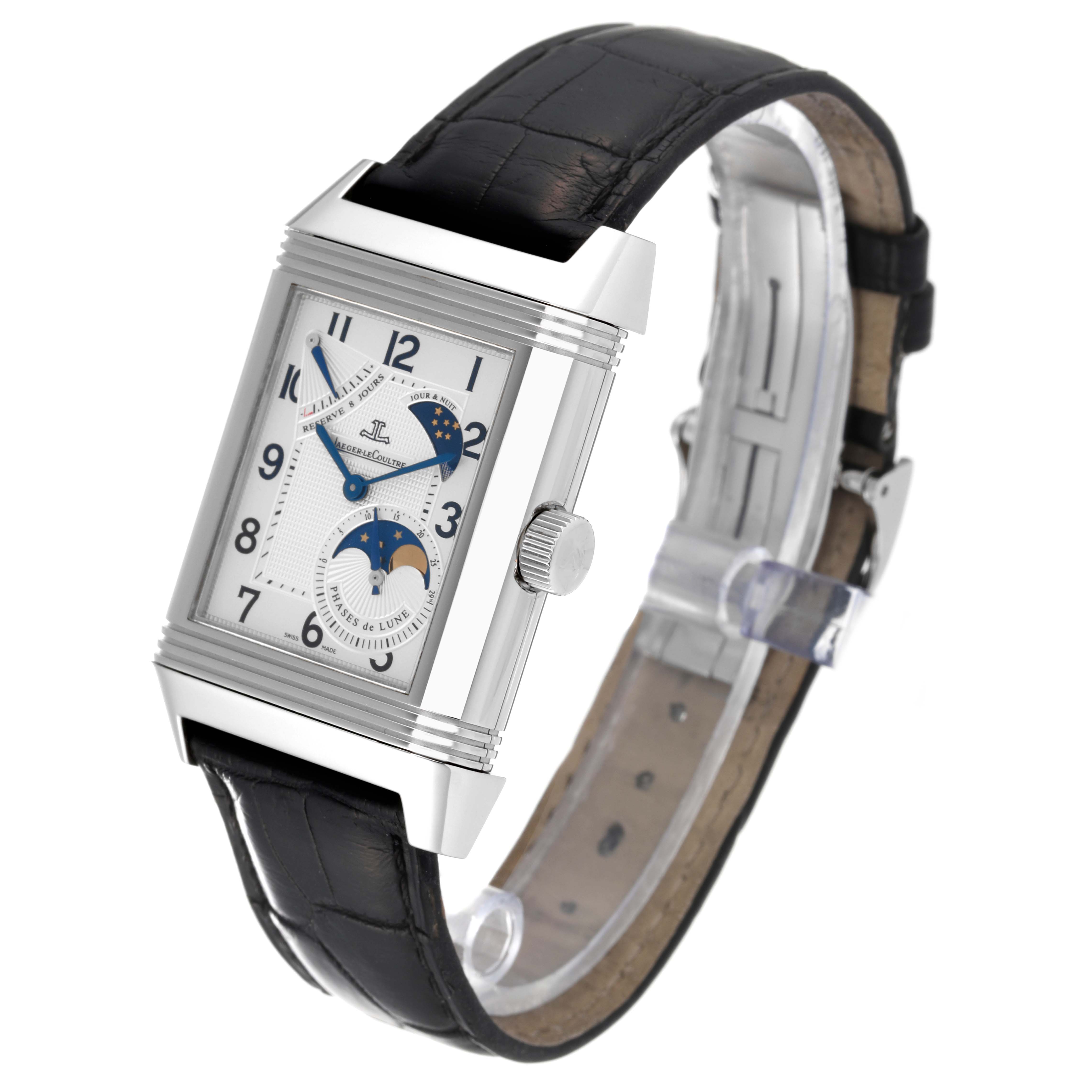 The image shows a Jaeger-LeCoultre Reverso watch angled slightly to display the face, leather strap, and side crown.