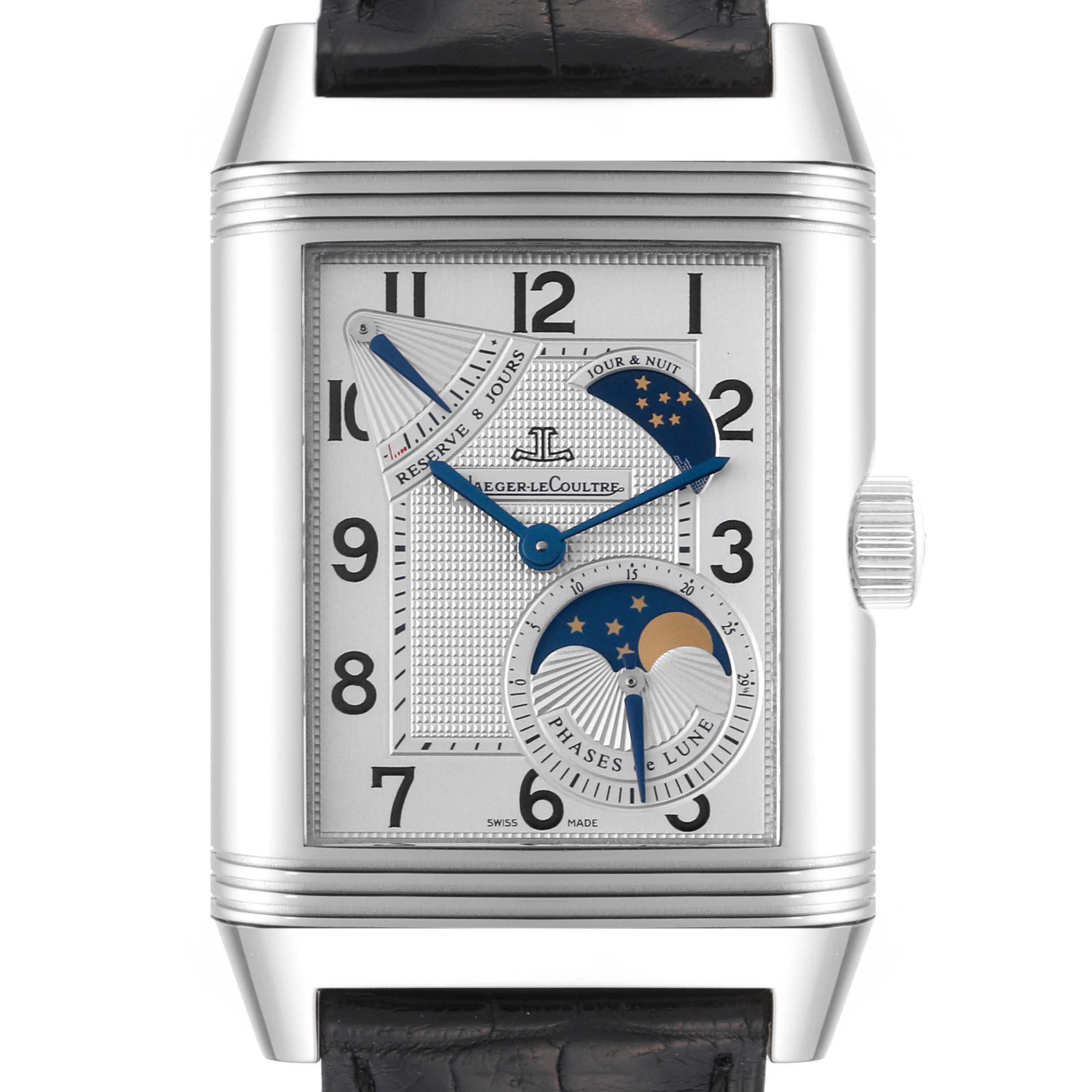 The image shows a front view of the Jaeger-LeCoultre Reverso watch, highlighting its rectangular face and complications.