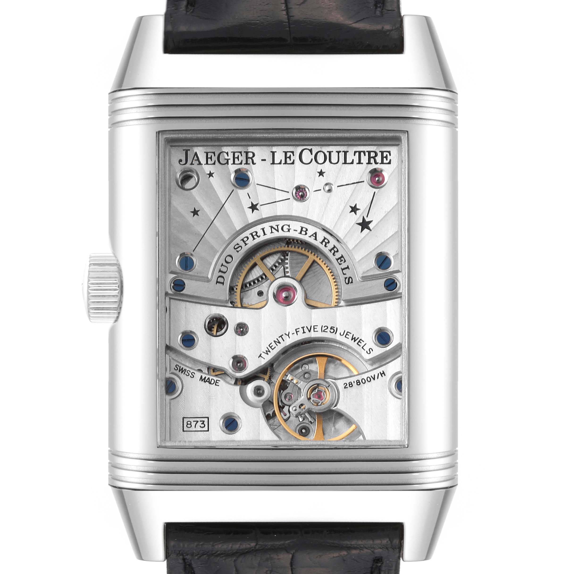 This image shows a front view of the Jaeger-LeCoultre Reverso watch, highlighting its intricate mechanism.