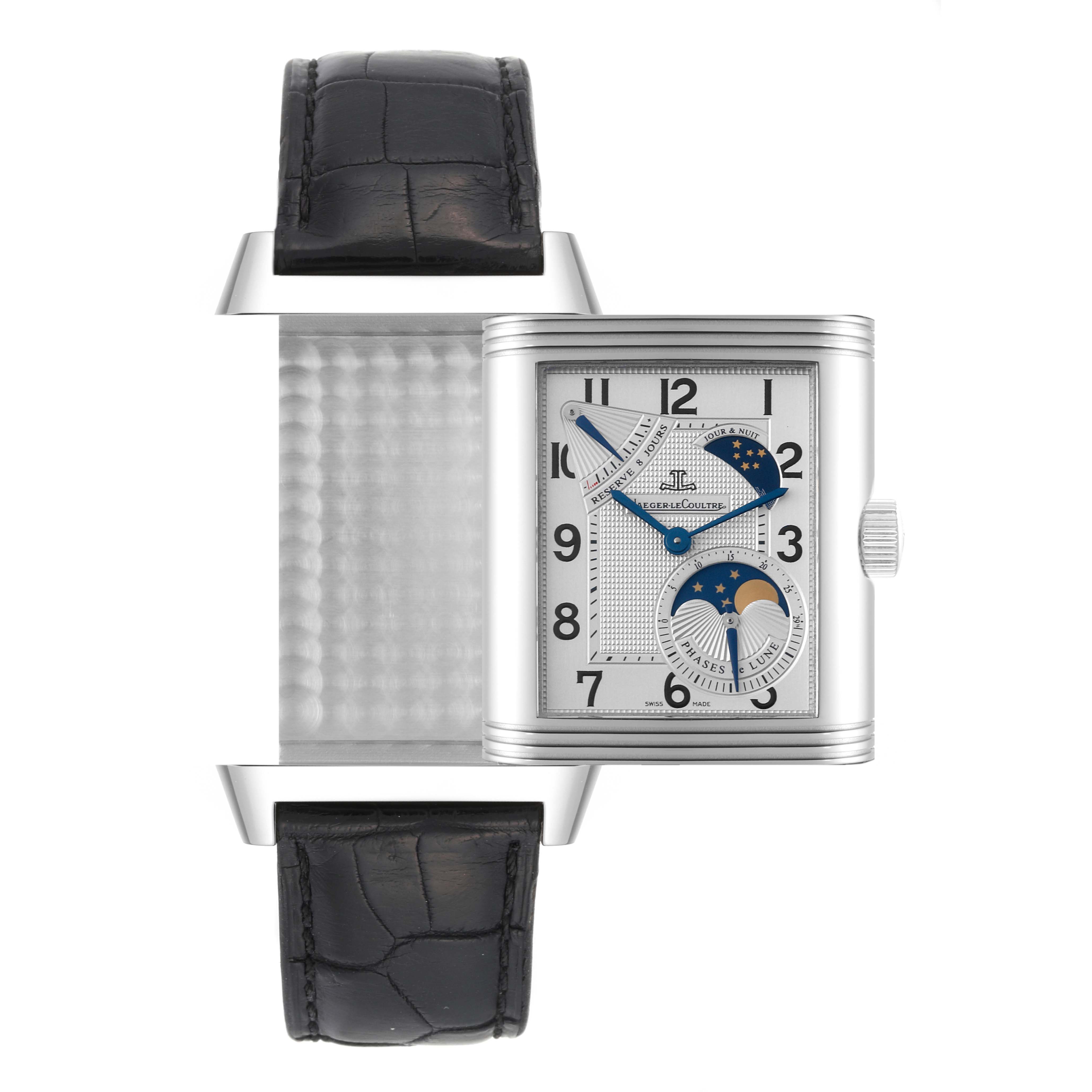 This image shows the front view of a Jaeger LeCoultre Reverso Q3048420 Men
s Stainless Steel Silver Dial Q3048420 Men
s Stainless Steel Silver Dial watch with a visible dial and part of the leather strap.