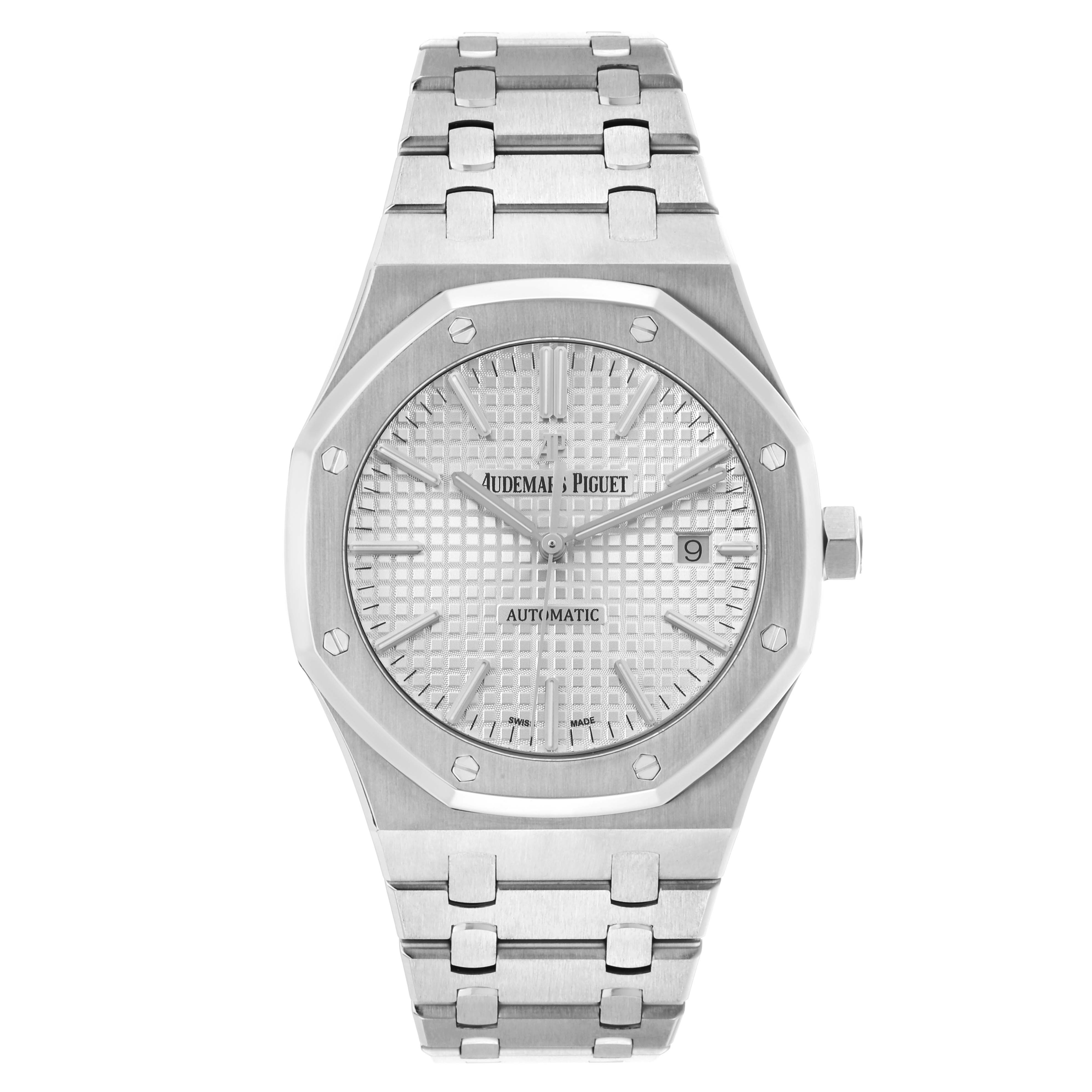 The image shows a front view of the Audemars Piguet Royal Oak 15400ST.OO.1220ST.02 Men's Stainless Steel Silver Dial watch, highlighting its dial, octagonal bezel, and bracelet.