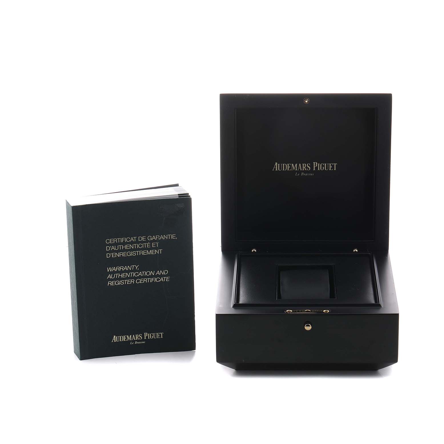 The image shows an open Audemars Piguet Royal Oak 15400ST.OO.1220ST.02 Men's Stainless Steel Silver Dial watch box and a certificate booklet from a front angle.