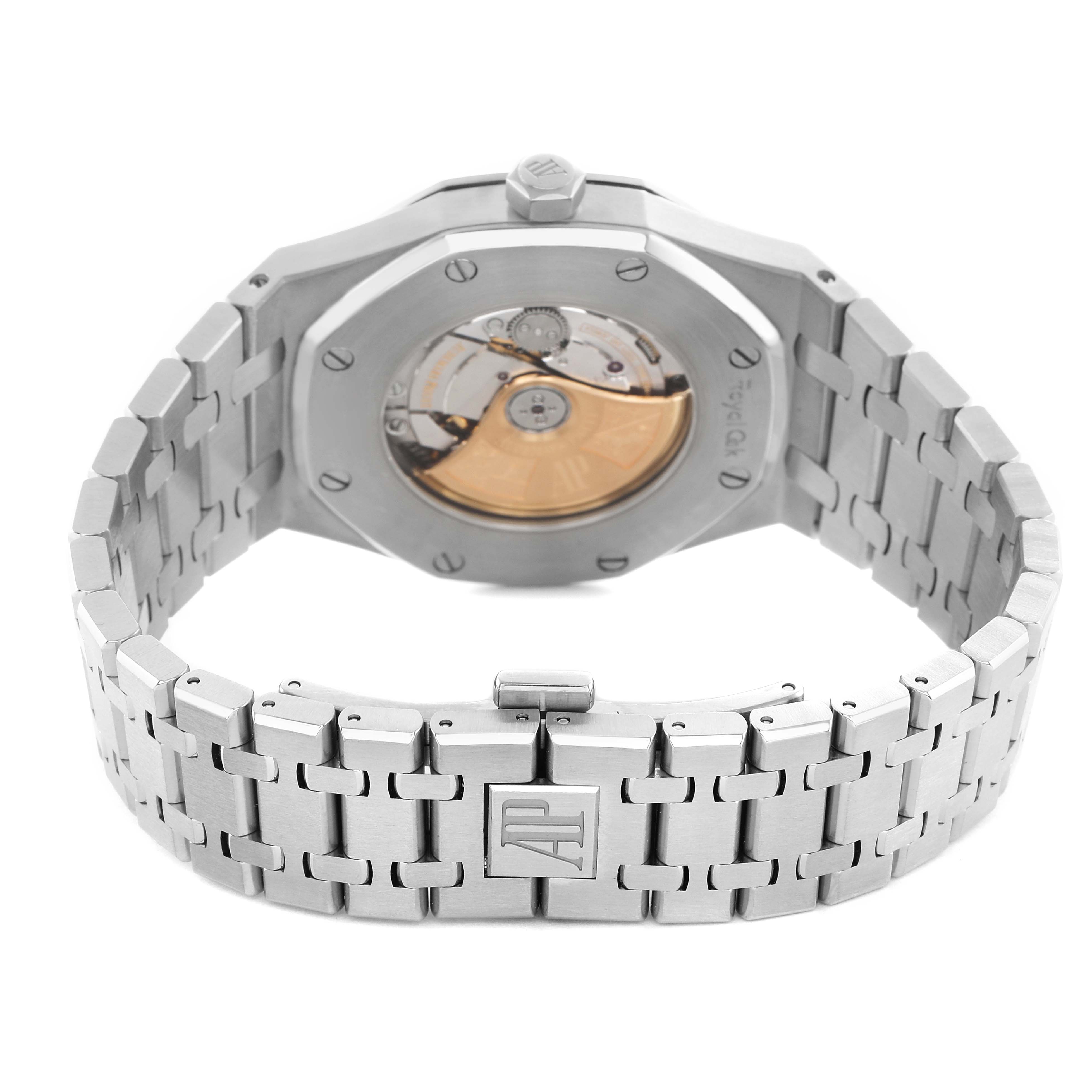 The Audemars Piguet Royal Oak 15400ST.OO.1220ST.02 Men's Stainless Steel Silver Dial is shown from the back, highlighting the exhibition case back and metal bracelet.