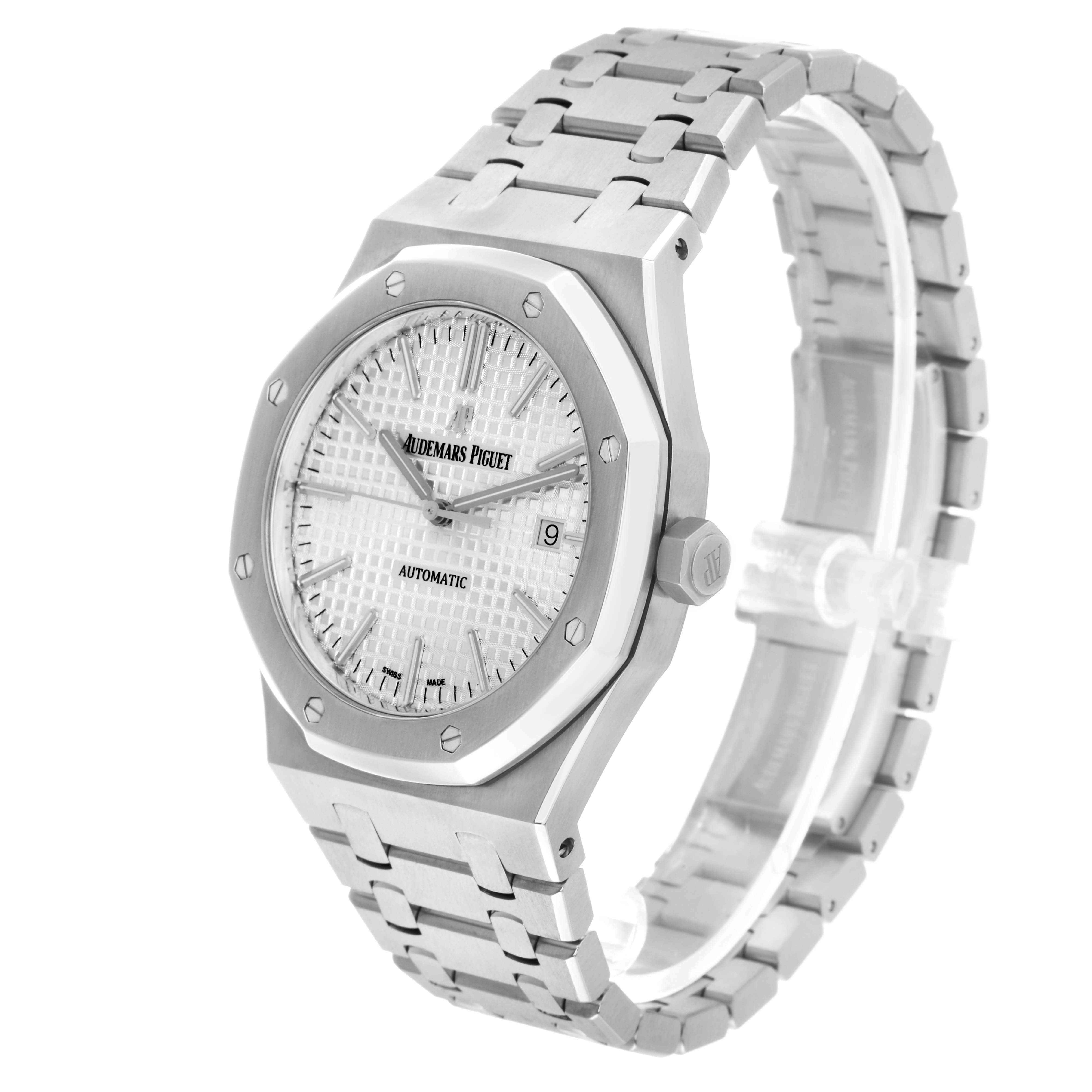 The Audemars Piguet Royal Oak 15400ST.OO.1220ST.02 Men's Stainless Steel Silver Dial watch is shown from a three-quarter angle, highlighting the case, bracelet, and textured dial.